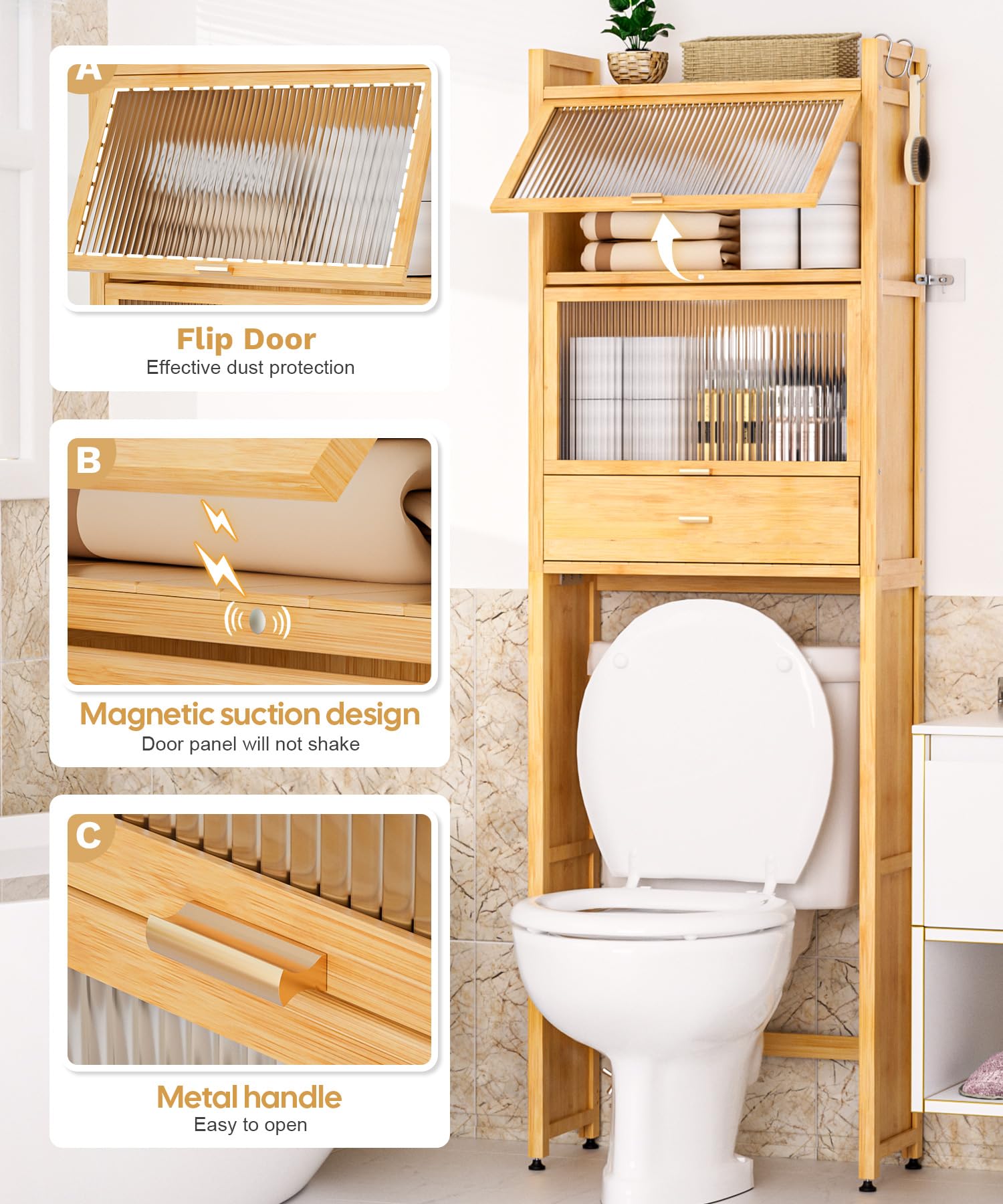 Over The Toilet Storage Cabinet with Drawer & Flip Door - Bamboo Bathroom Organizer Shelf | Anti-Tip Design, Waterproof Feet | Freestanding Space Saver for WC (Natural) - Perfect for Small Bathrooms, Apartments & Powder Rooms