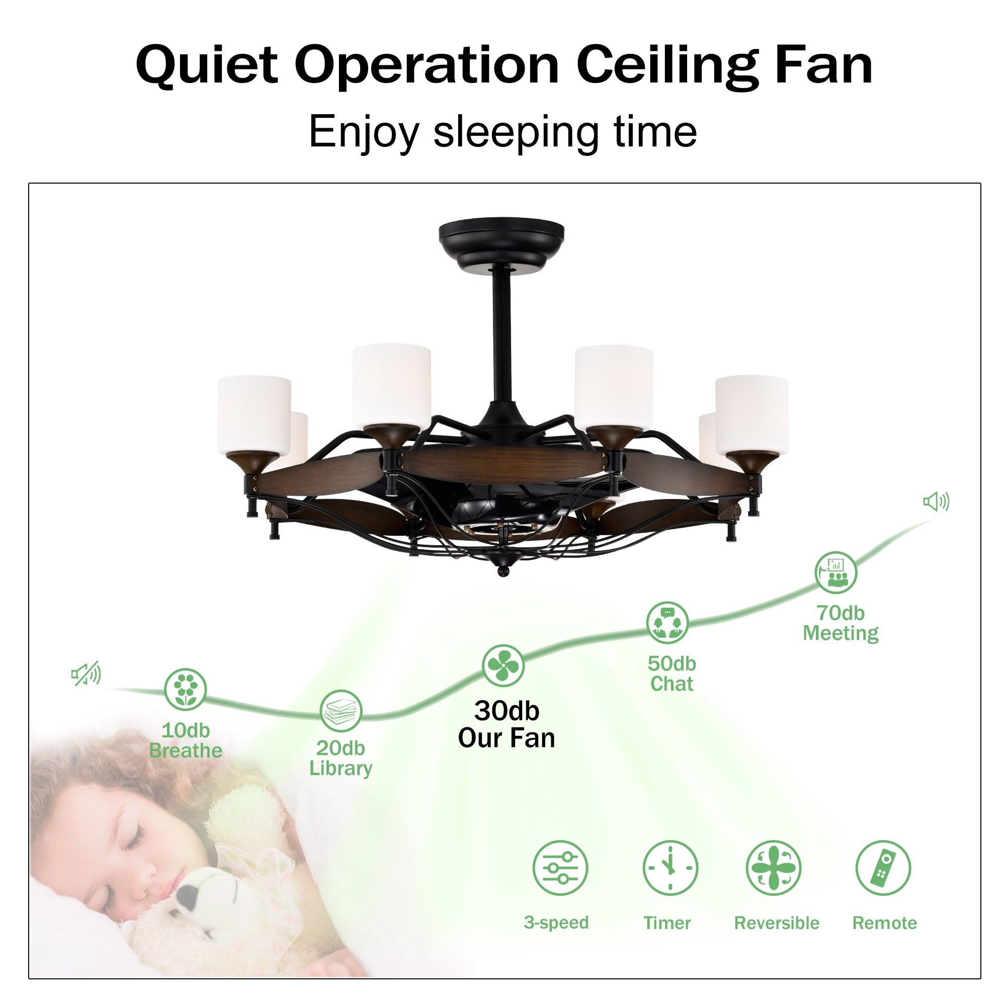 33 Inch Matte Black & Red Wood Grain Chandelier Ceiling Fan with Remote Control - DC Motor, 6 Speed Settings, 3 ABS Blades for Bedroom, Dining Room, Living Room, Kitchen, Farmhouse & Entryway | Perfect for Modern and Rustic Home Decor