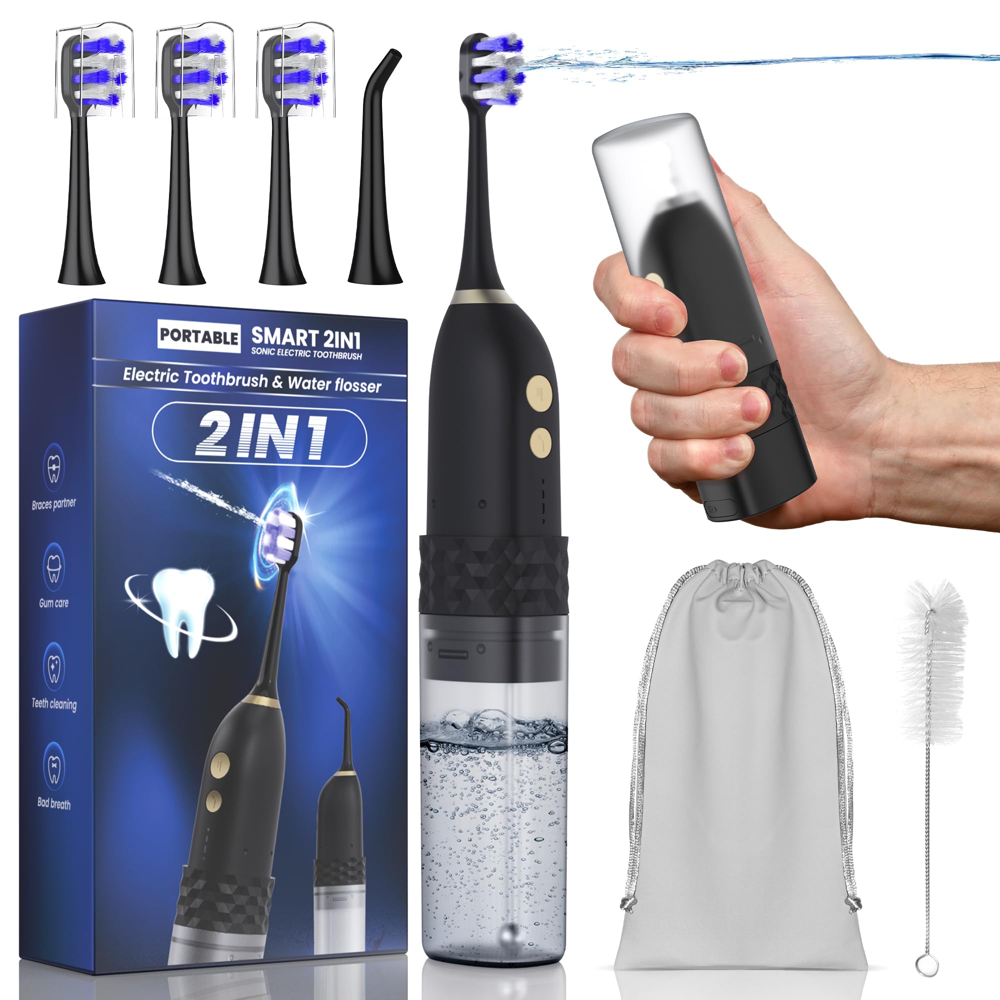 Portable Water Flosser & Electric Toothbrush Combo - 2-in-1 Dental Cleaning Kit with 3 Modes, IPX7 Waterproof for Travel & Home Use - Perfect for Braces, Implants & Gum Care (Black)