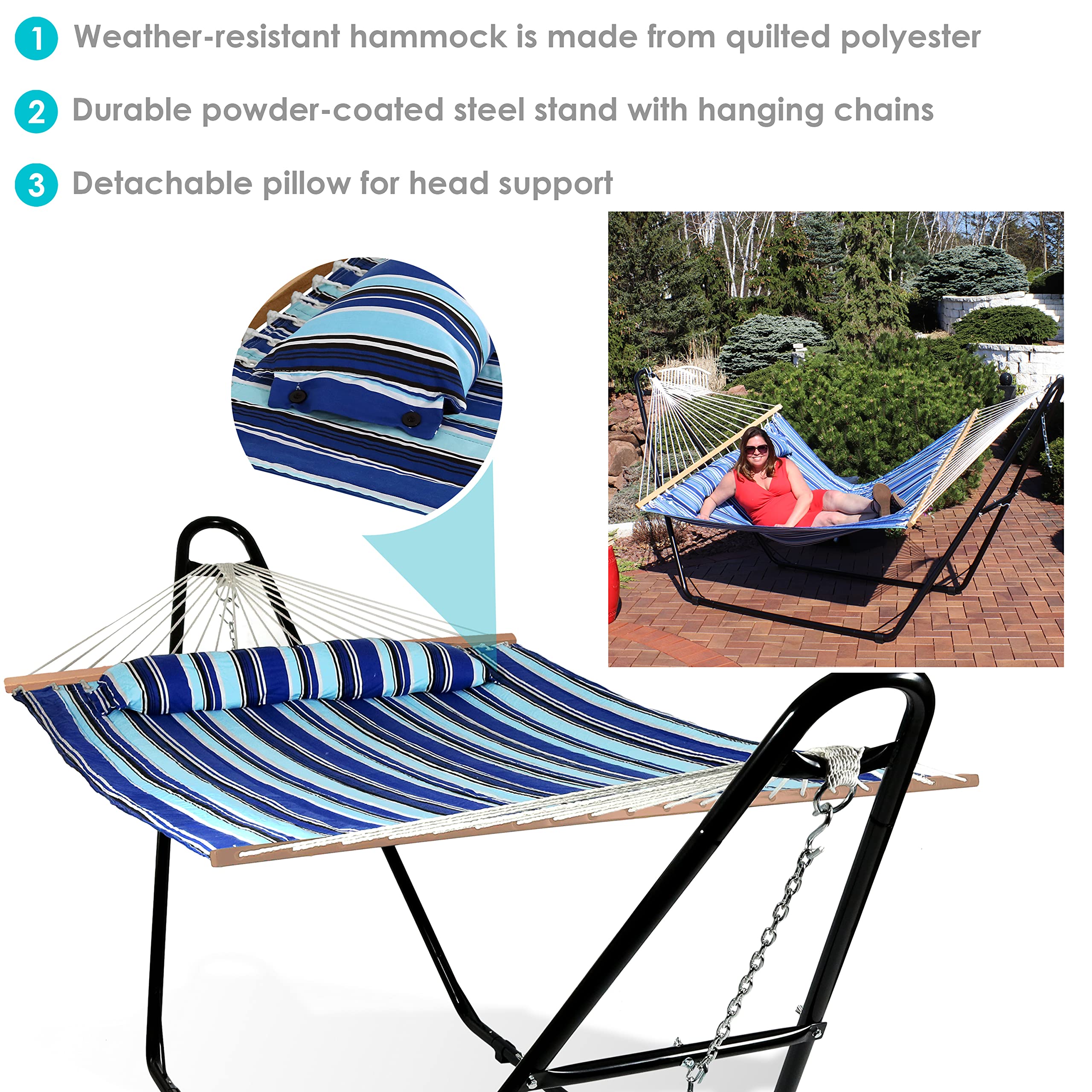 Sunnydaze Double Quilted Fabric Hammock with Universal Steel Stand - 450 lb Weight Capacity - Black - Catalina Beach Pattern - Perfect for Backyard, Patio, Poolside & Beach Relaxation
