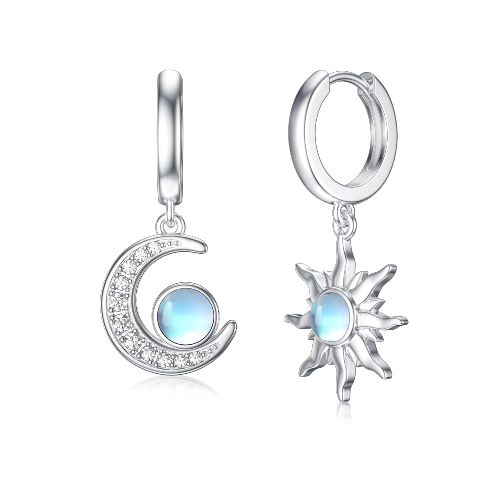 925 Sterling Silver Moonstone Dangle Huggie Earrings for Women - Sun and Moon Design, Hypoallergenic Jewelry Gift for Her | Perfect for Date Nights, Weddings & Special Occasions