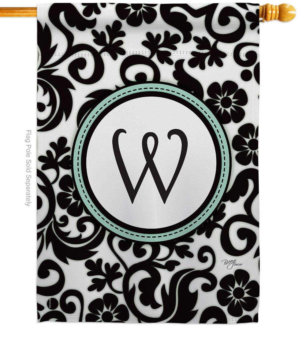 Breeze Decor H130075 Damask W Initial Decorative Vertical House Flag - 28x40 Inch Multicolor Outdoor Garden Yard Banner for Porch, Patio & Home Decor