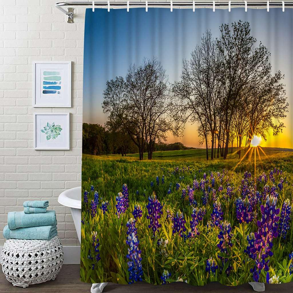 Texas Bluebonnet Field Sunset Shower Curtain Set - Waterproof Polyester Fabric Bathroom Decor with Hooks, 72