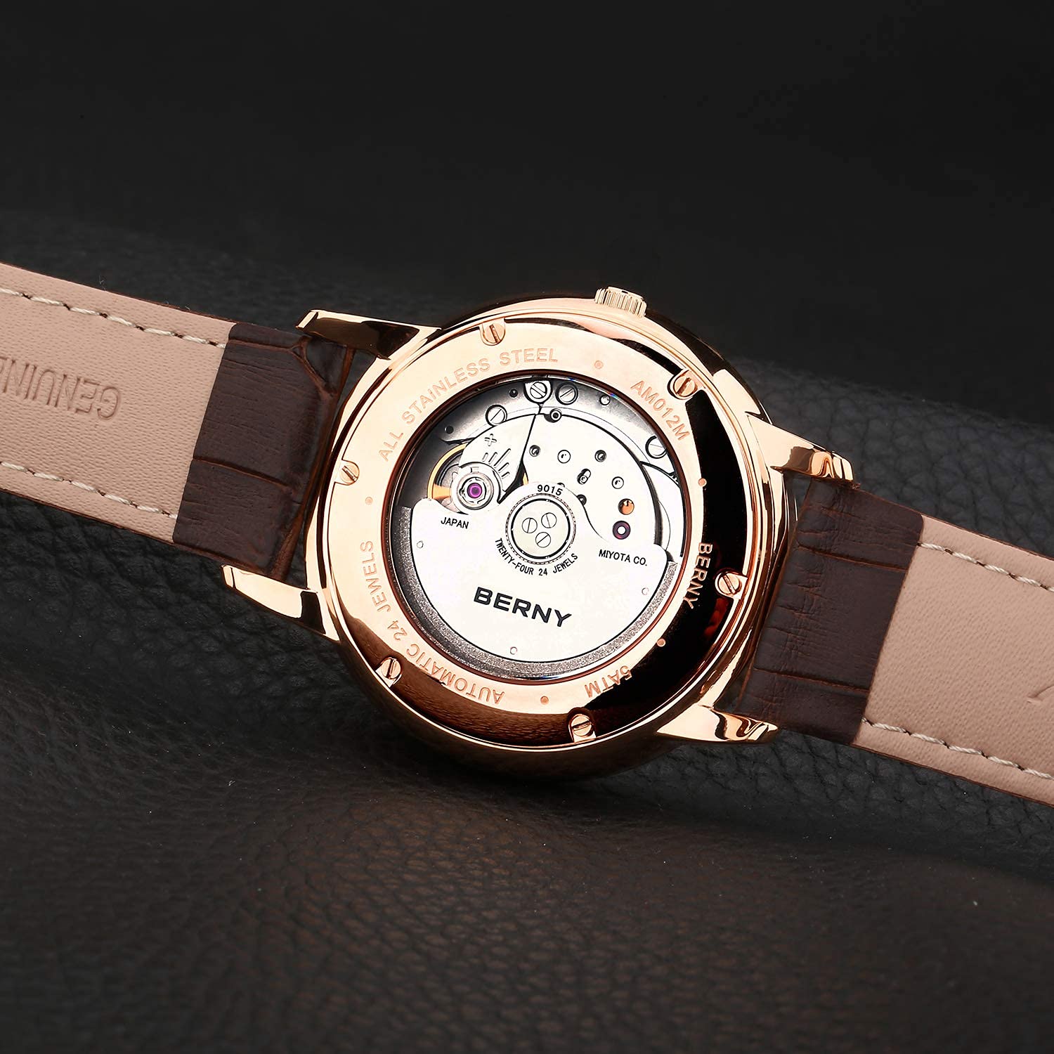 BERNY Ultra Thin Automatic Watch for Men - Minimalist Design with Genuine Leather Strap - Perfect for Business, Casual & Formal Occasions