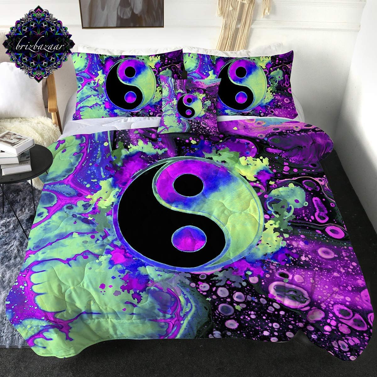 Sleepwish Yin Yang Queen Size Comforter Set - Purple & Turquoise Psychedelic Bedding 4pc with Pillow Cases & Cushion Cover | Boho Chic Bedroom Decor for Teens & Adults