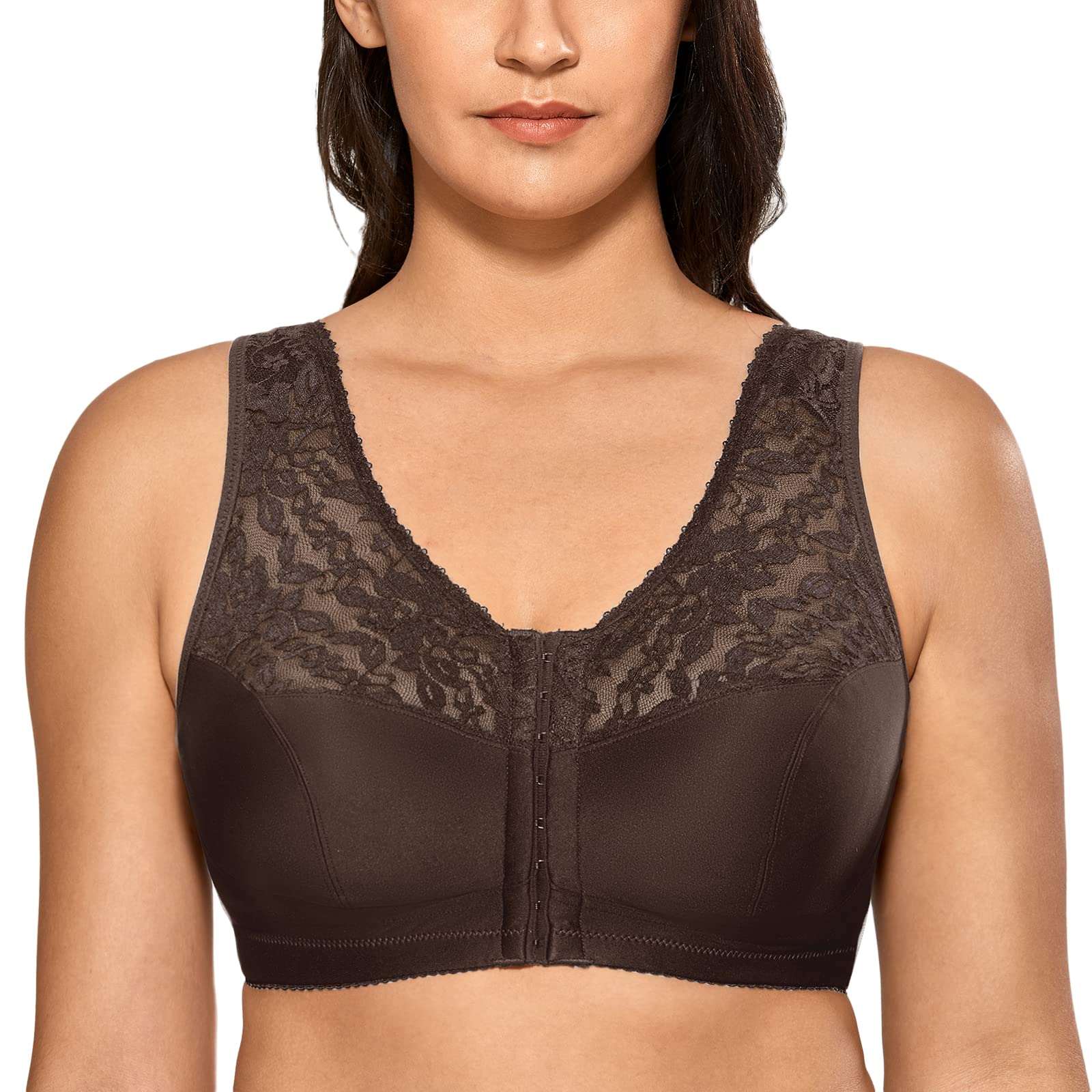 DELIMIRA Women's Front Closure Wireless Bra - Plus Size Full Coverage Racerback Lace Underwear for Comfort & Support | Perfect for Everyday Wear, Yoga & Lounge