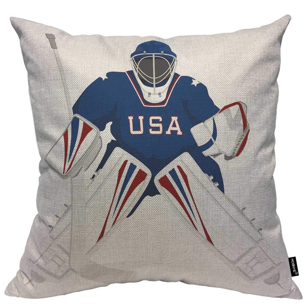 Team USA Hockey Goalie Jersey Throw Pillow Cover 18x18 Inch - Cotton Linen Cushion Case for Couch, Bed, Sofa & Car Decor - Perfect for Sports Fans & Home Decor