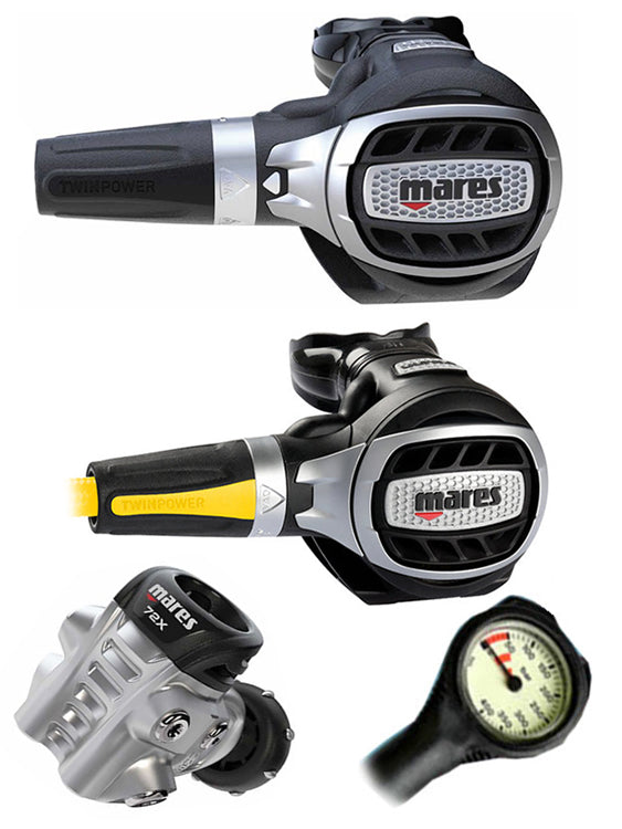 Mares Ultra 72X Scuba Diving Regulator Set with Octopus & Free Thermometer Gauge - DIN or Yoke Options for Professional and Recreational Divers | Perfect for Deep Sea Exploration, Coral Reef Diving, and Underwater Photography