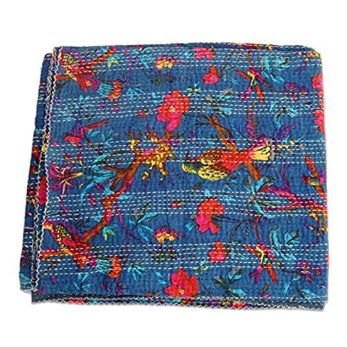 Handmade Indian Blue Bird Print Kantha Quilt - 100% Cotton Reversible Tribal Bedspread (90