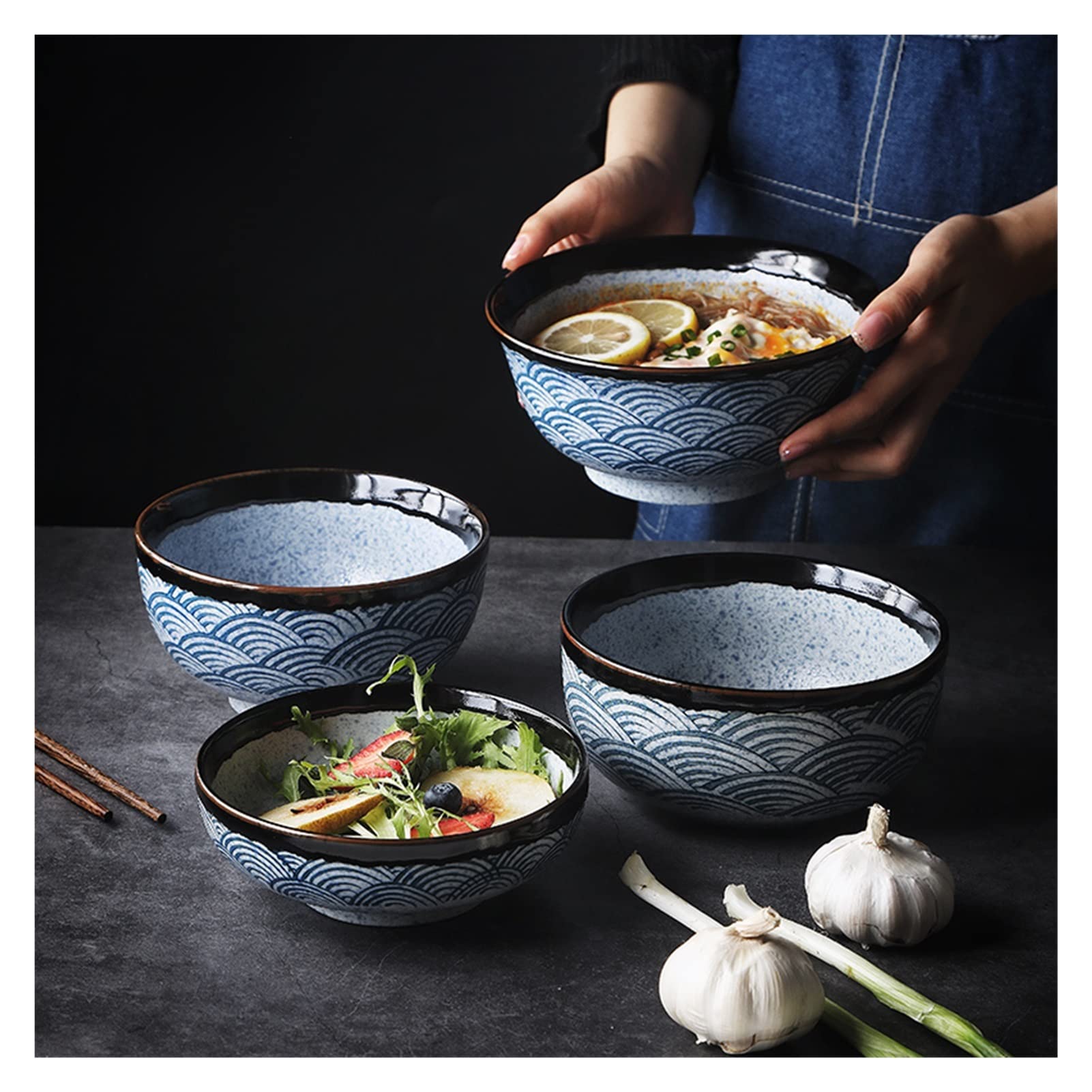 Premium Japanese Ceramic Noodle Bowls Set of 4 - Large Soup Bowls for Udon, Soba & Pho - Durable Restaurant-Grade Tableware for Home, Asian Cuisine & Salad Serving (Color: 4pcs) - Perfect for Ramen Nights, Family Dinners & Entertaining Guests