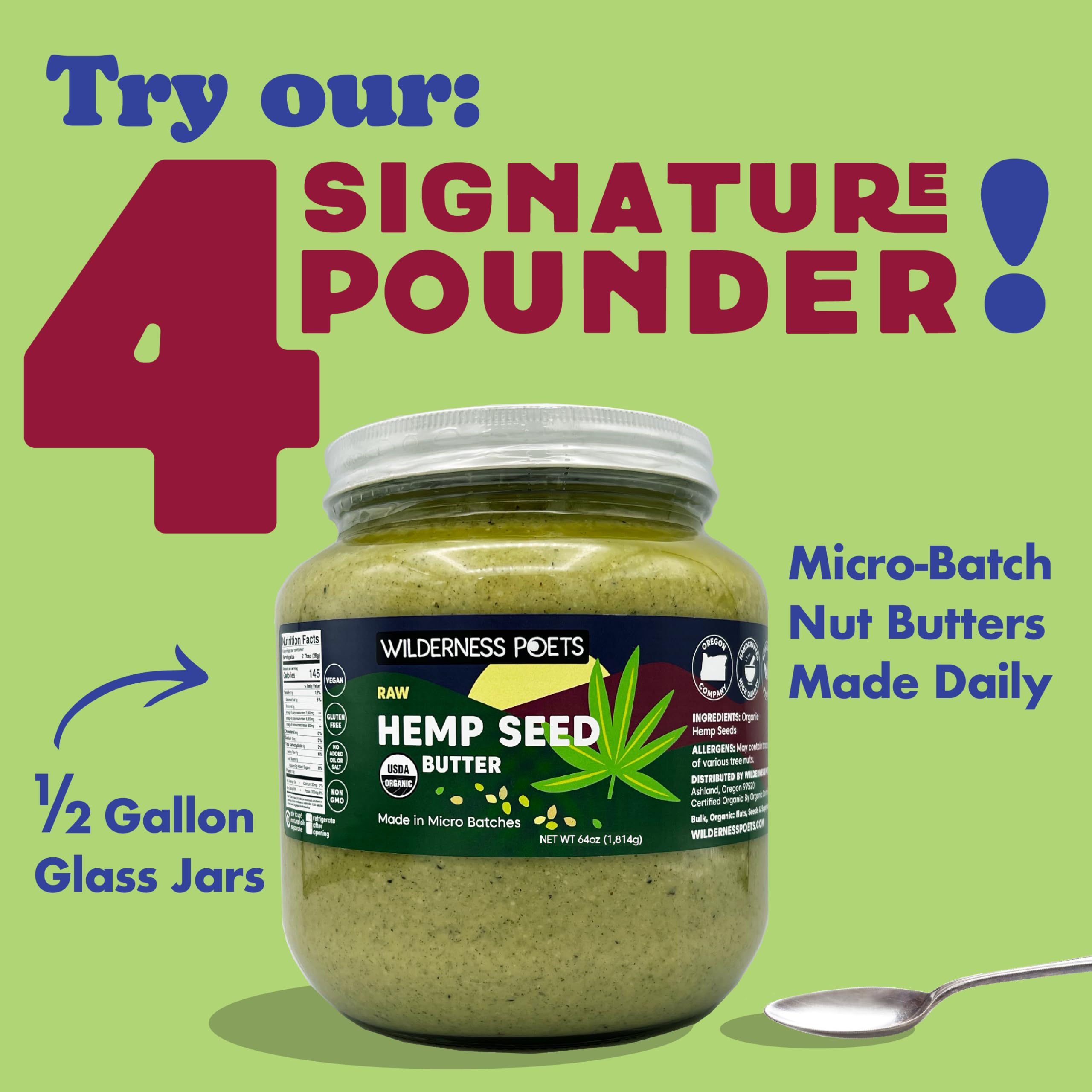 Organic Raw Hemp Seed Butter by Wilderness Poets - 64oz Half Gallon Glass Jar - Vegan, Gluten-Free, Nutrient-Rich Superfood Spread - Perfect for Smoothies, Toast & Healthy Snacking