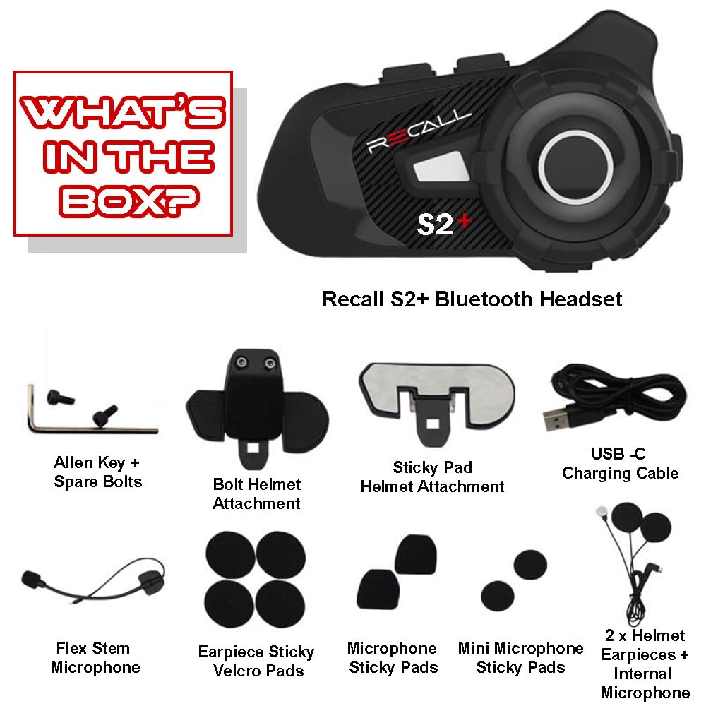 Recall S2+ Motorcycle Bluetooth Intercom Headset - 5.1 Version, 6-Way Group Chat, 1000m Range, FM Radio & Music Sharing for Riders - Carbon Black (Perfect for Group Riding, Adventure Tours & Road Trips)