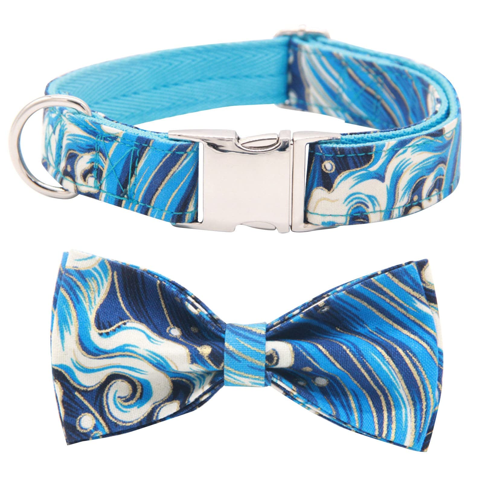 Durable Comfortable Dog Collar with Bowtie - Adjustable Pet Collar for Small & Large Dogs - Blue Checked Pattern (Size L) - Perfect for Walks, Training & Special Occasions