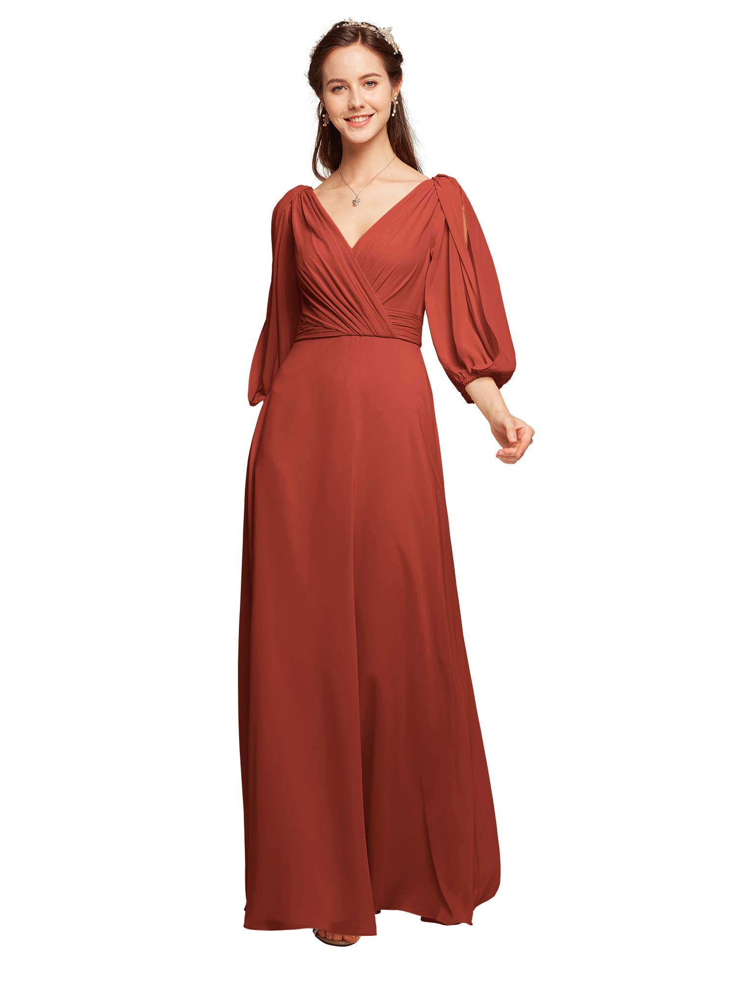 ALICEPUB Women's V-Neck Chiffon Bridesmaid Dress - Long Sleeve Formal Evening Gown for Weddings, Parties & Special Occasions