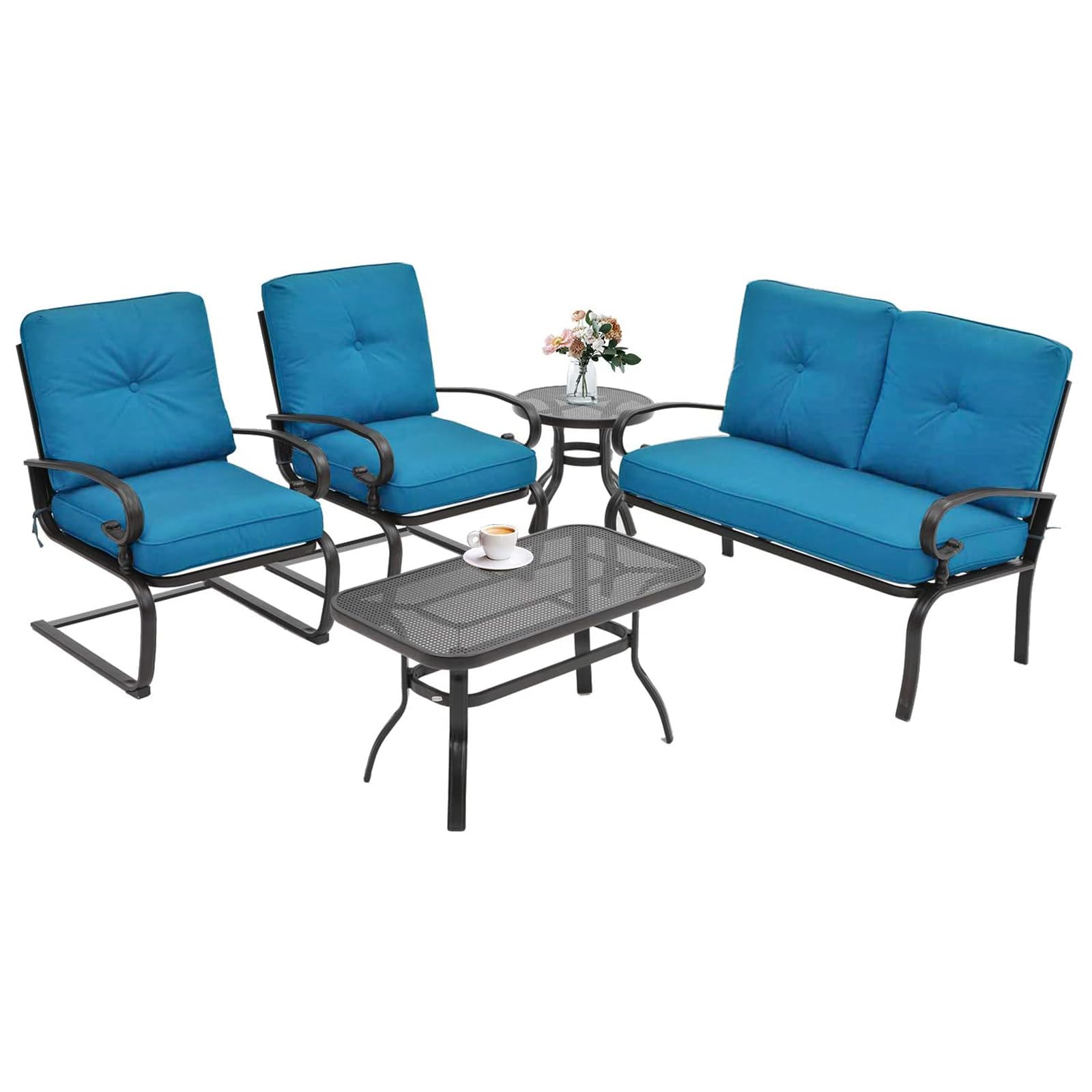 SOLAURA 5-Piece Outdoor Patio Furniture Set - Wrought Iron Loveseat & Spring Chairs - Peacock Blue - Perfect for Garden, Backyard, Poolside & Outdoor Relaxation