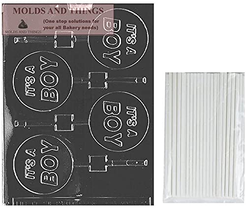 IT'S A BOY Chocolate Candy Mold Kit - Includes Molding Instructions & 50 Lollipop Sticks for Baby Shower Favors, Gender Reveal Parties & DIY Treats
