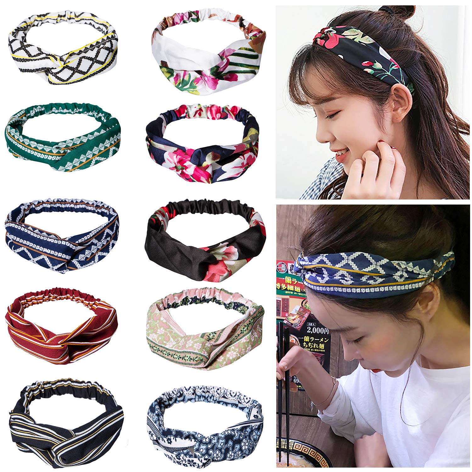 10 Pack Boho Headbands for Women - Criss Cross Elastic Head Wraps Floral Hair Bands - Stylish Hair Accessories for Yoga, Running, Workouts & Everyday Fashion