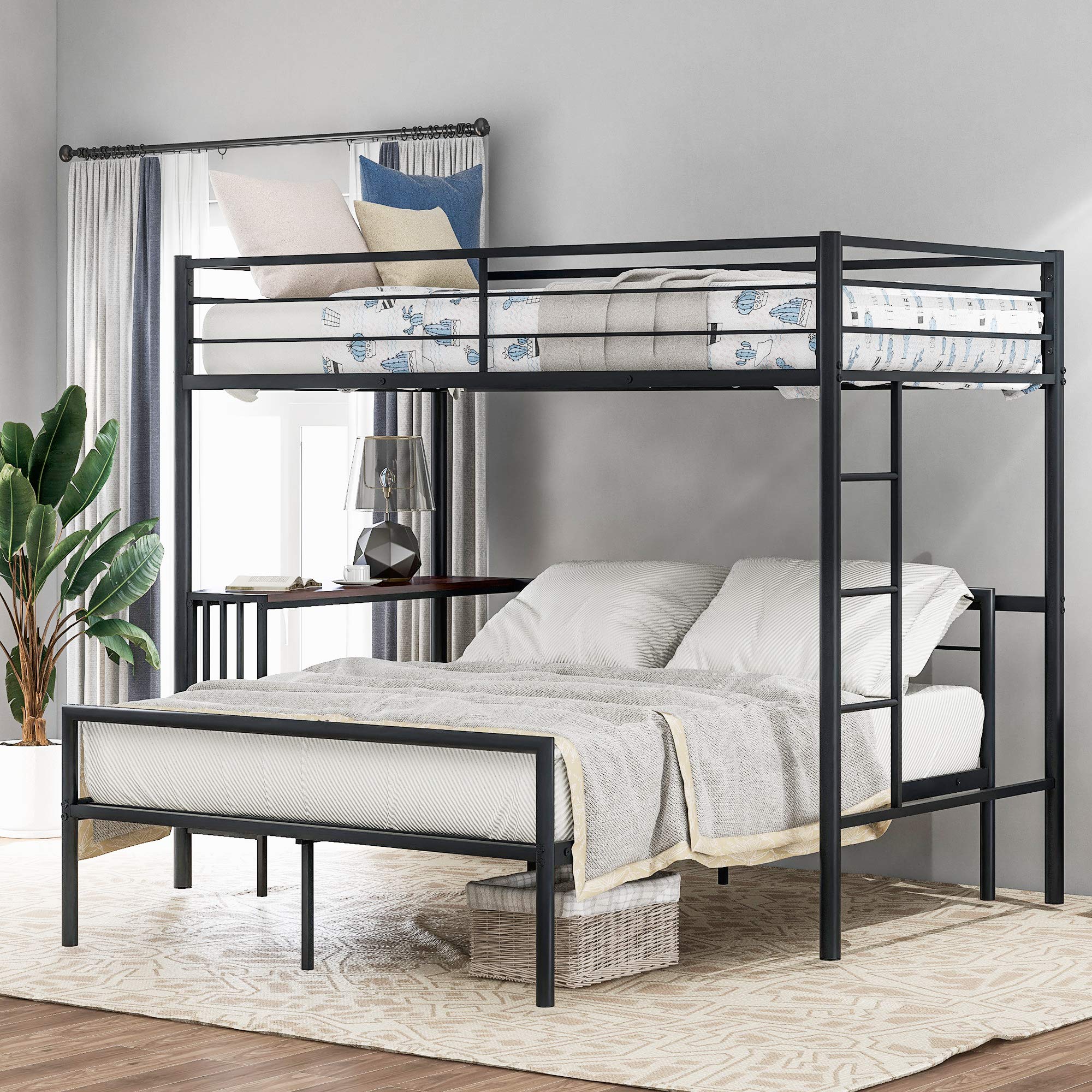 Sturdy Metal Bunk Bed with Desk - Twin Over Full Loft Bed with Ladder & Safety Rails - Black - Perfect for Kids' Bedroom, Dorm Room or Space-Saving Small Apartments