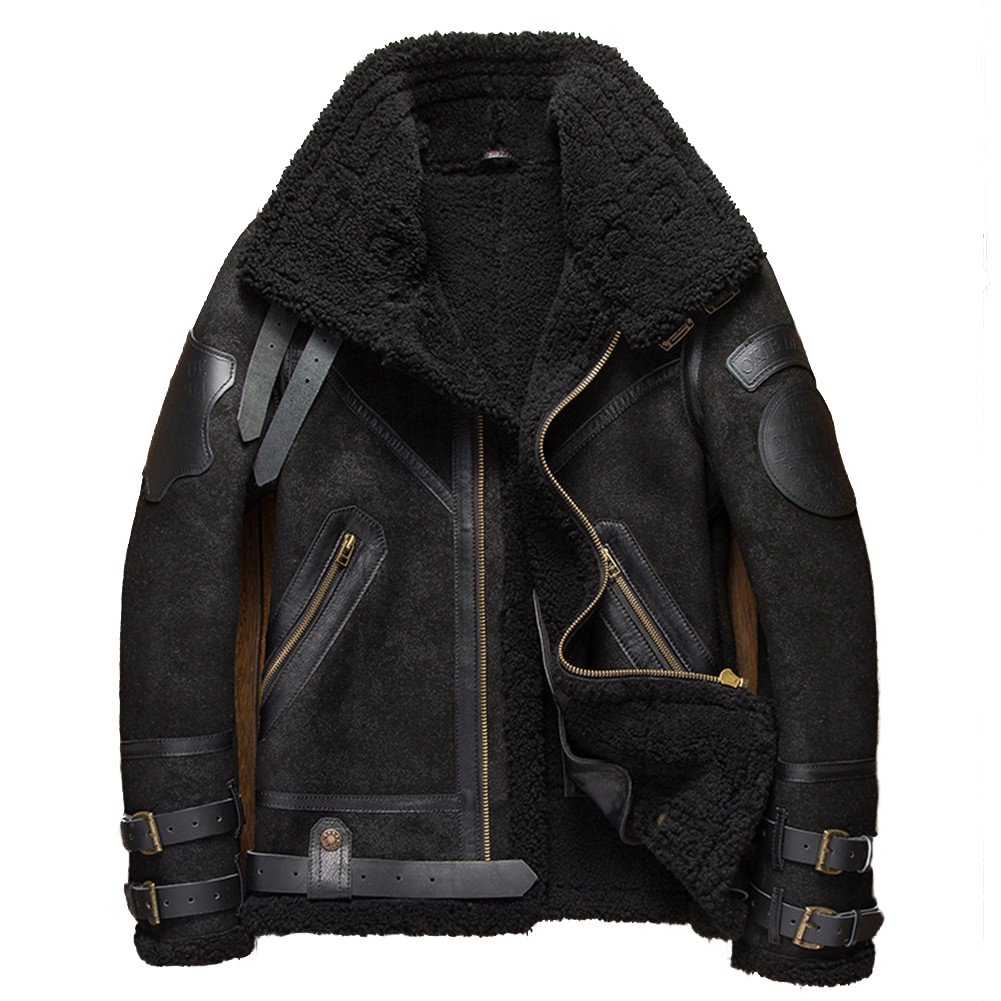 B3 Shearling Leather Jacket for Men - Crack Texture Aviator Coat | Winter Warm Bomber Jacket for Outdoor & Casual Wear