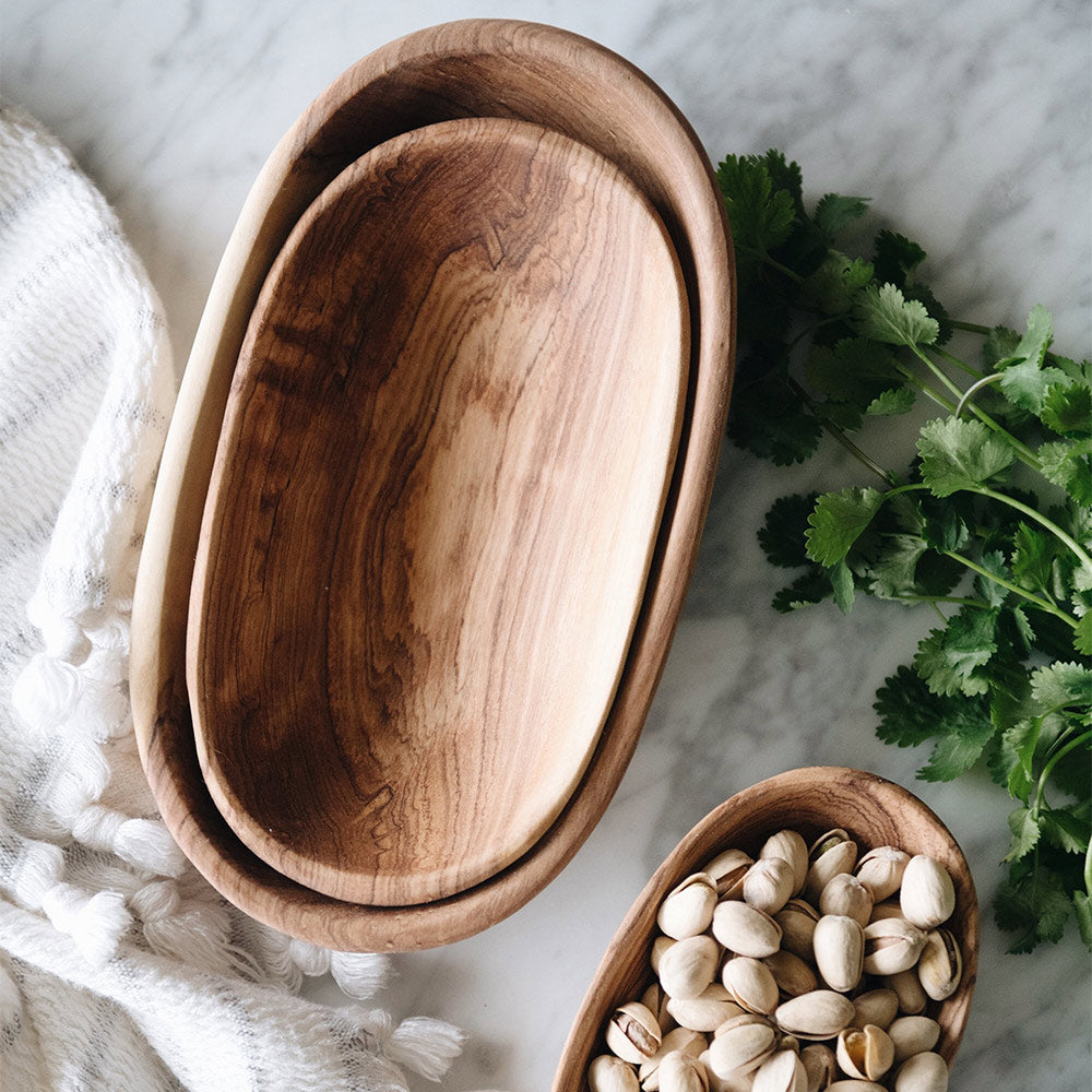 Premium Wild Olive Wood Oval Serving Bowl Set - Handcrafted Natural Wood Salad Bowl for Entertaining, Dining & Kitchen Decor - Perfect for Salads, Fruits, Snacks & Party Serving