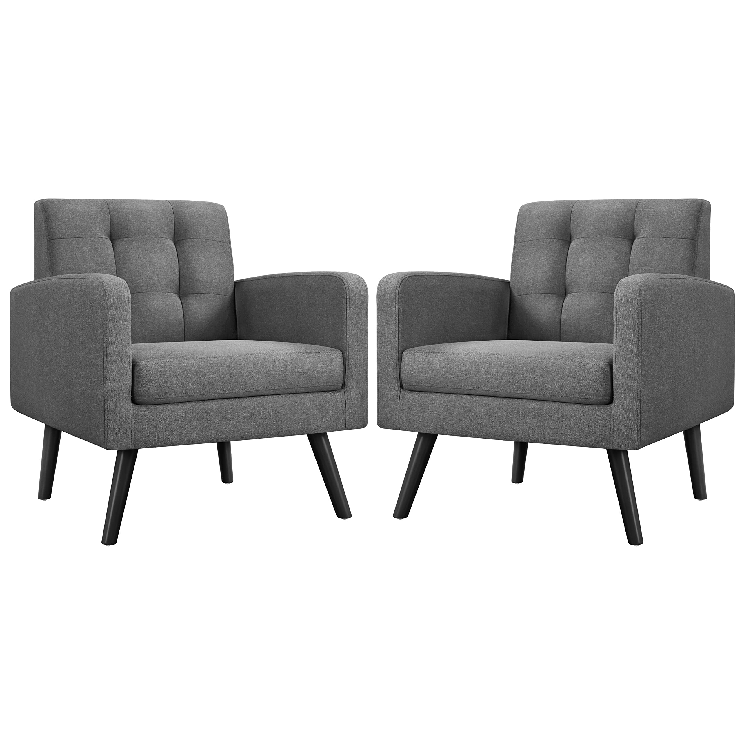 Yaheetech Mid-Century Modern Accent Chairs Set of 2 - Gray Upholstered Living Room Armchairs with Button Tufted Back & Wooden Legs - Cozy Lounge Chairs for Bedroom, Office, Cafe & Reading Nook