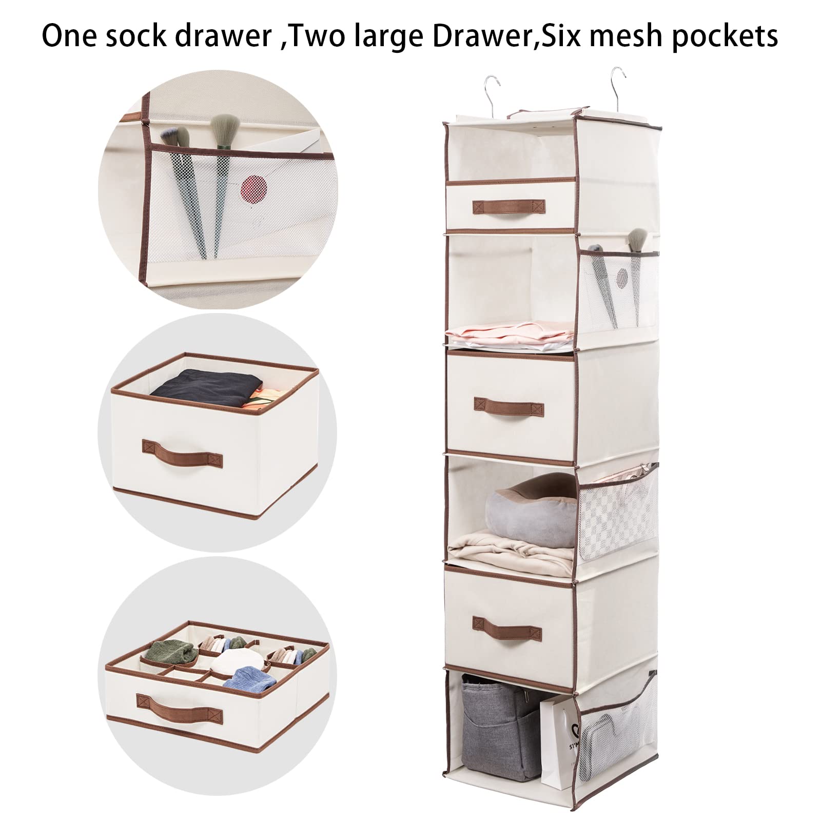 Vercord 6-Tier Foldable Hanging Closet Organizer with 2 Large Drawers, 1 Sock Drawer & 6 Mesh Pockets - Space Saving Clothes Storage for Bedroom, Dorm, Apartment Organization