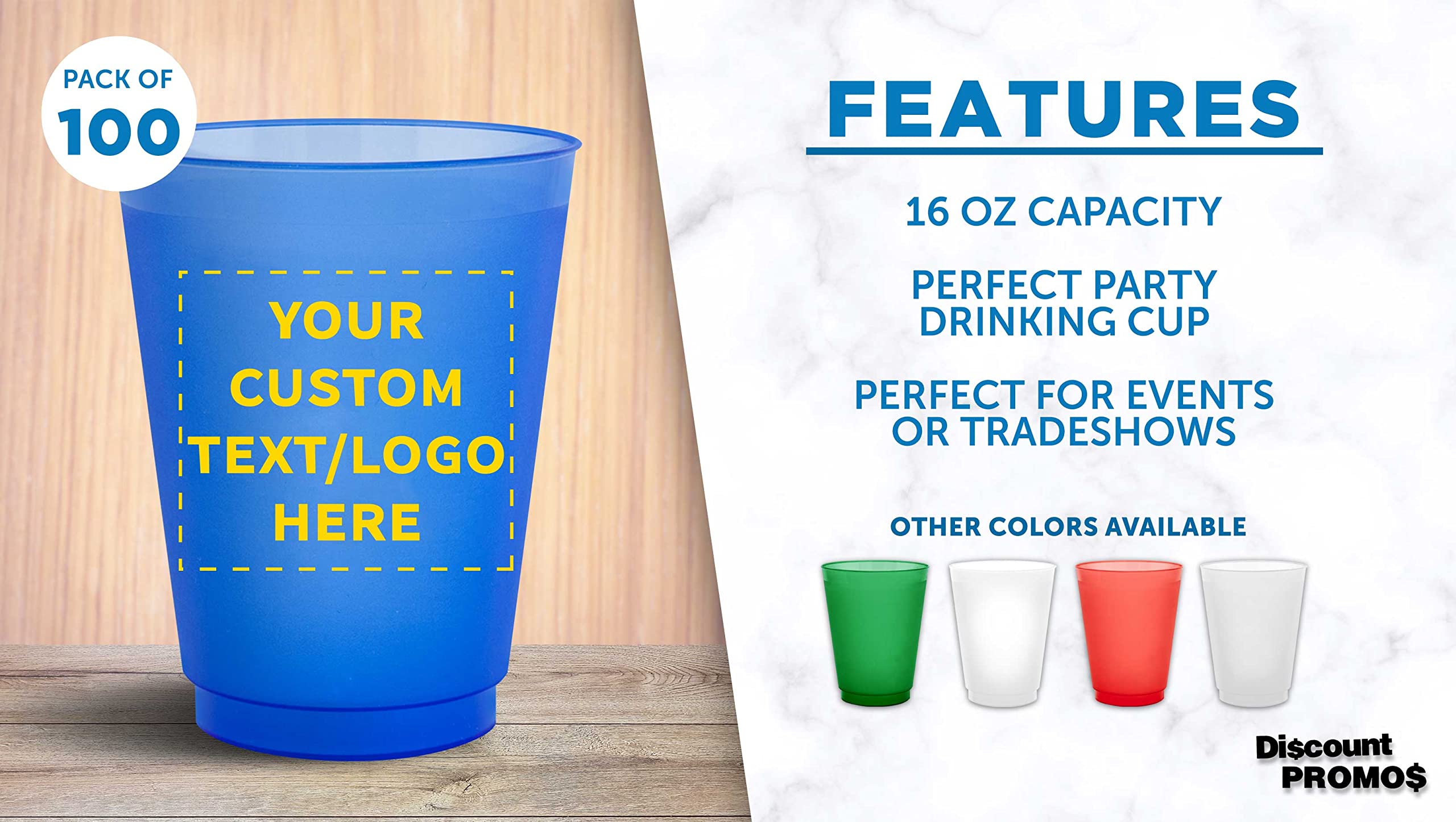 Custom Printed 16 oz Shatterproof Stadium Cups - 100 Pack Bulk Reusable Plastic Party Cups with Promotional Text & Logo - Perfect for Sports Events, Tailgating, and Outdoor Parties (Blue)
