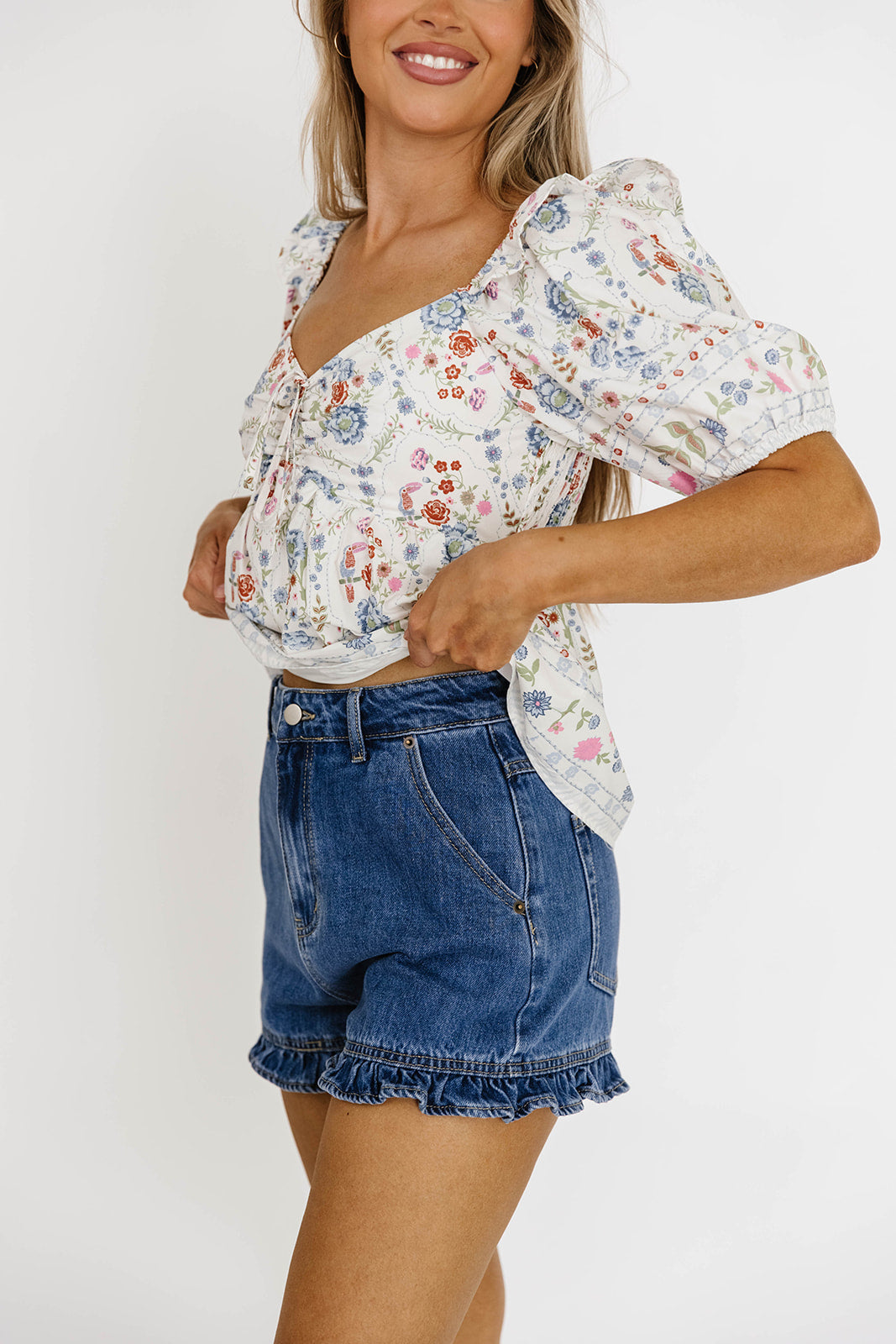 Kalani Women's Denim Ruffled Hem Shorts - Stylish High Waist Distressed Jean Shorts for Summer, Casual Outfits & Beach Vacations