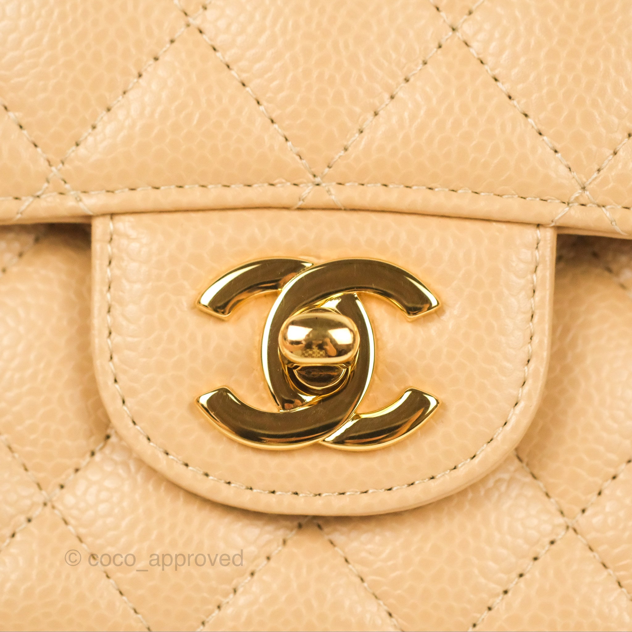 Chanel Classic M/L Medium Double Flap Bag Quilted Beige Caviar Leather with Gold Hardware - Luxury Handbag for Women, Perfect for Work, Parties & Everyday Use