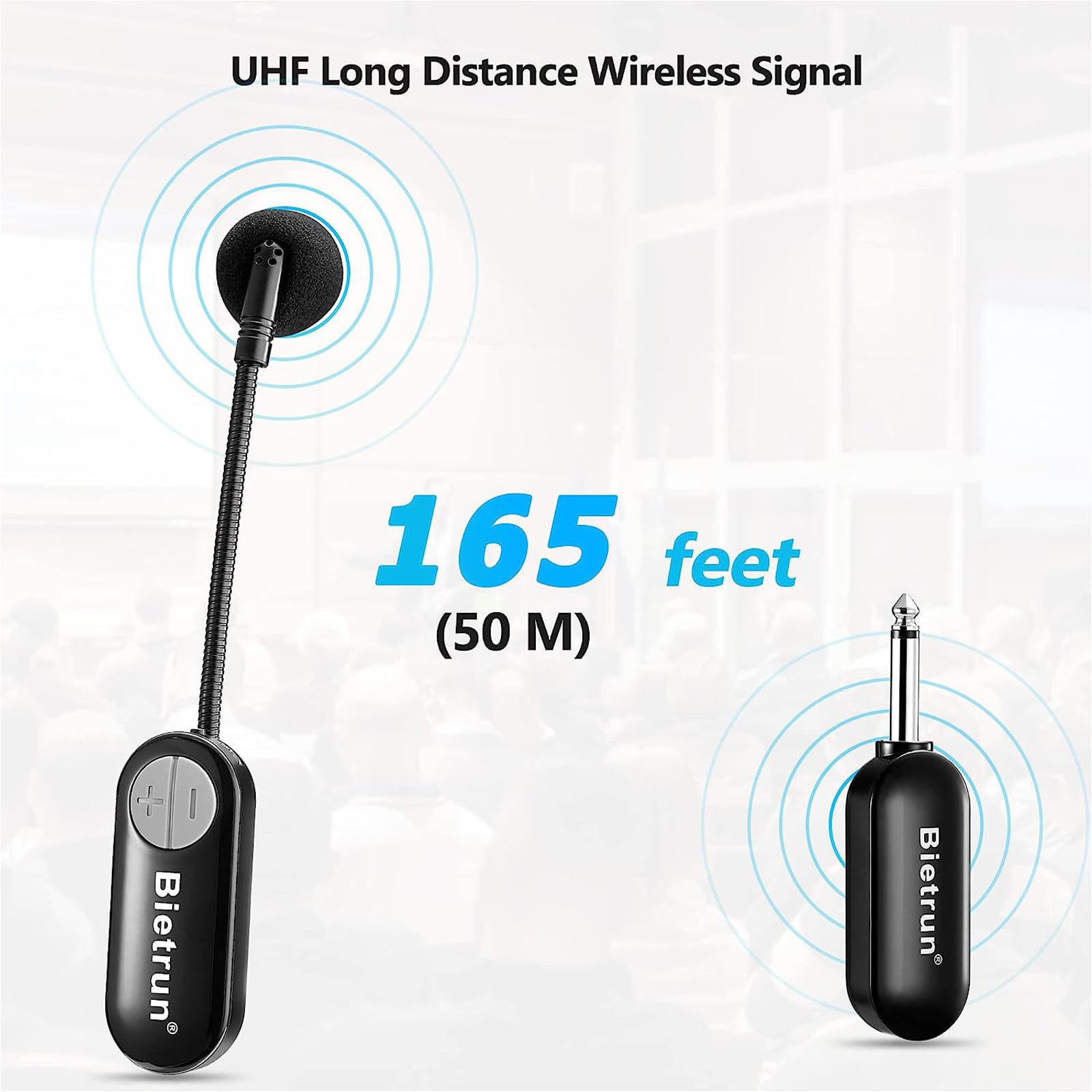 Bietrun UHF Wireless Microphone Headset with 1/4'' Plug, 165ft Range, 2-in-1 Headset & Handheld Mic for Karaoke, Amplifiers, PA Systems, Teaching, Fitness, Church Services, and Outdoor Events (Black)