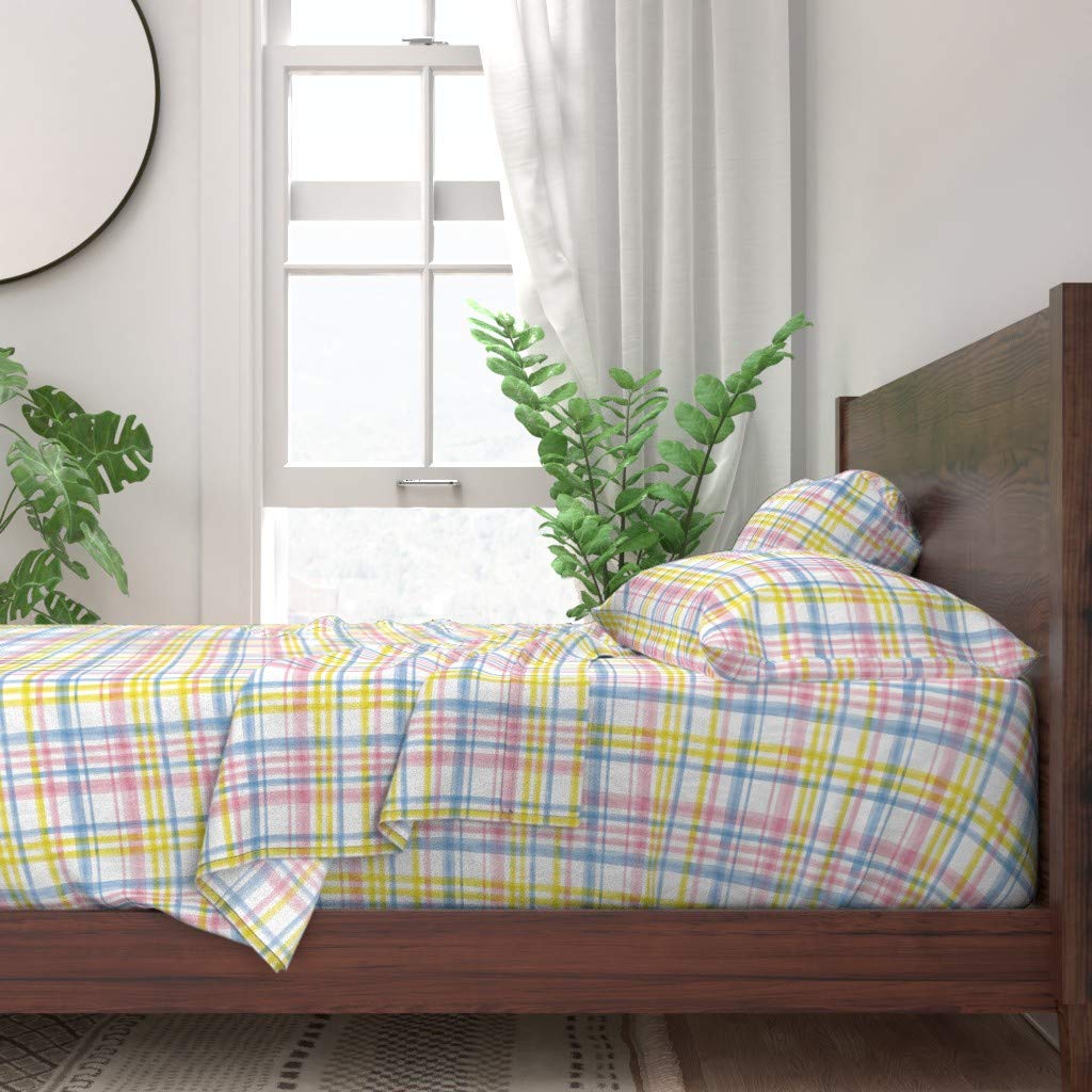 Easter Watercolor Plaid Pink 100% Cotton King Size 4-Piece Sheet Set | Trendy Pastel Spring Rainbow Nursery Print Custom Bedding | Perfect for Baby Rooms, Guest Bedrooms & Seasonal Home Decor