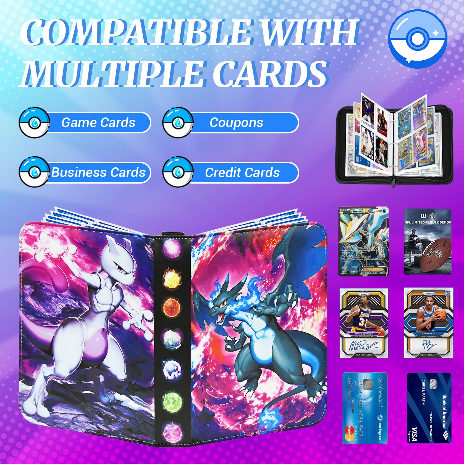 Premium Pokemon Card Binder Holder - 4 Pocket Pages with 50 Removable Sleeves, Fits 400 Trading Cards | TCG MTG Game Card Collector Album & Display Storage Case | Perfect for Card Showcases, Tournaments & Organized Play