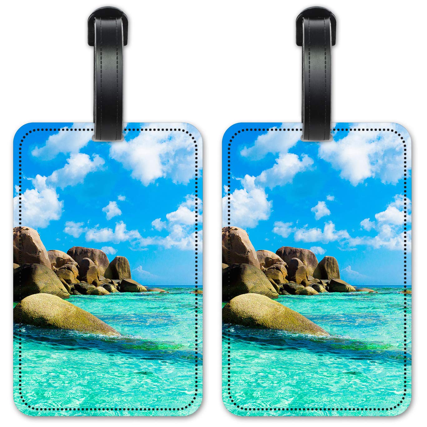 Rocky Beach Cliff Luggage ID Tags - Set of 2 Waterproof Suitcase Identification Cards for Travel - Perfect for Airports, Cruise Ships & Backpacking Trips
