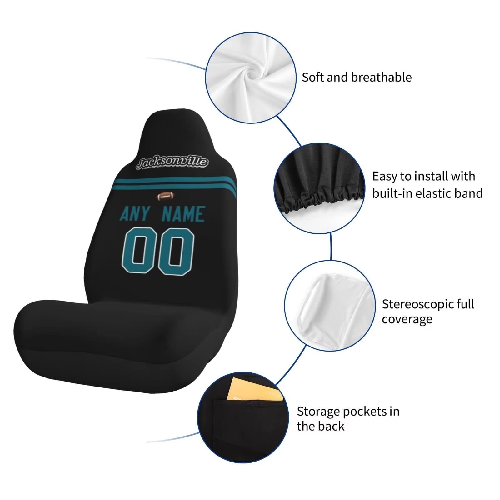 Custom Football Car Seat Covers with Name & Number - Personalized Elastic Soft Front Seat Protectors for Cars, Trucks & SUVs | Universal Fit 2pc Set | Perfect for Jacksonville Gifts, Game Day & Sports Fans