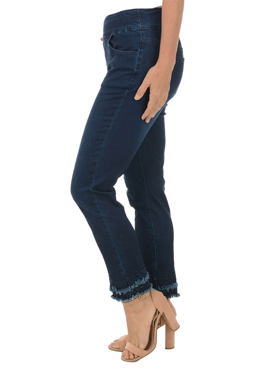 Fringe Scallop Embroidered Denim Ankle Pants for Women - Boho Chic High Waisted Skinny Jeans - Perfect for Casual Outings & Music Festivals
