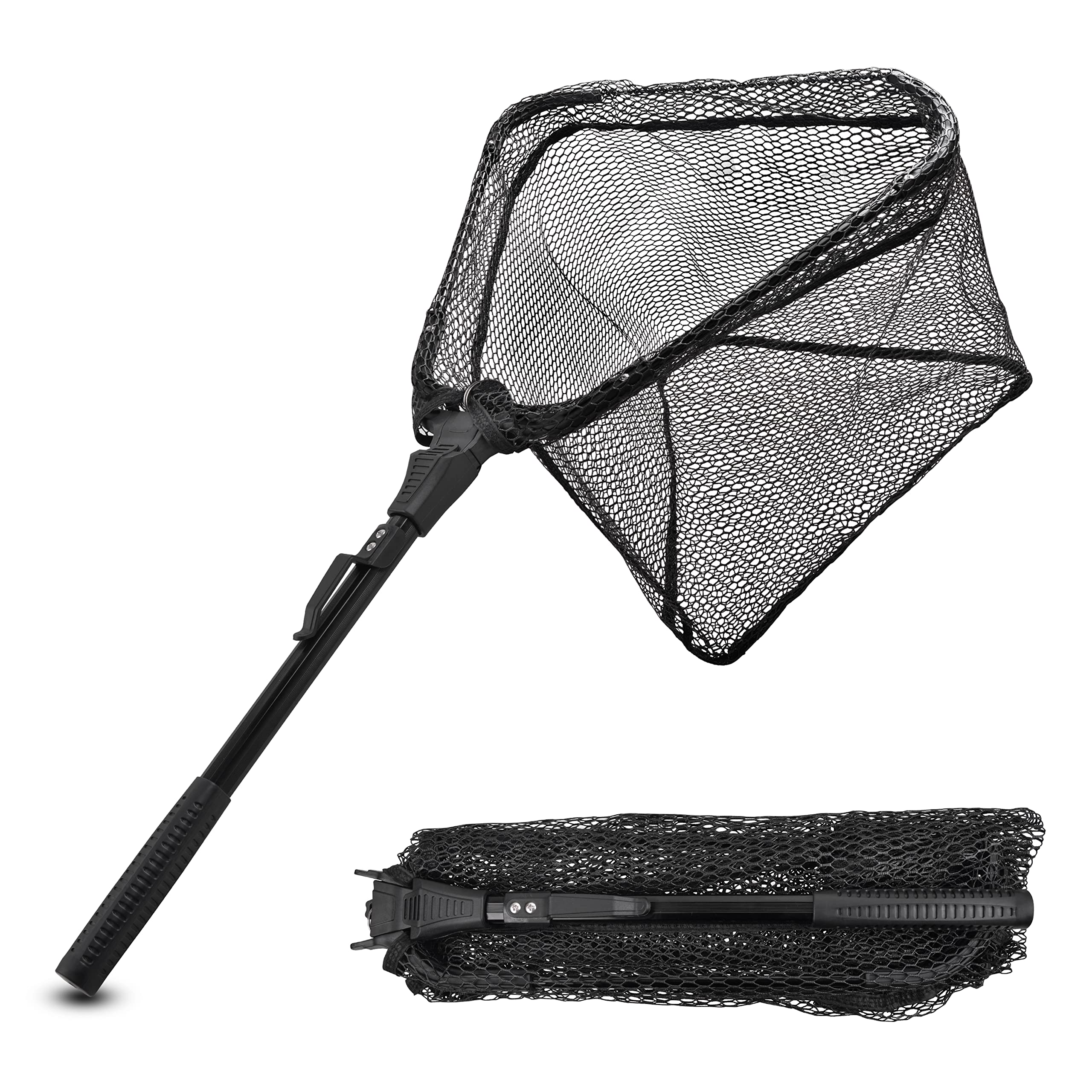Portable Folding Fishing Landing Net with Telescopic Handle - Collapsible Rubber Mesh Net for Kayak, Boat, Saltwater & Freshwater Fishing - Safe Catch & Release - Ideal for Anglers, Kayaking, and Outdoor Adventures