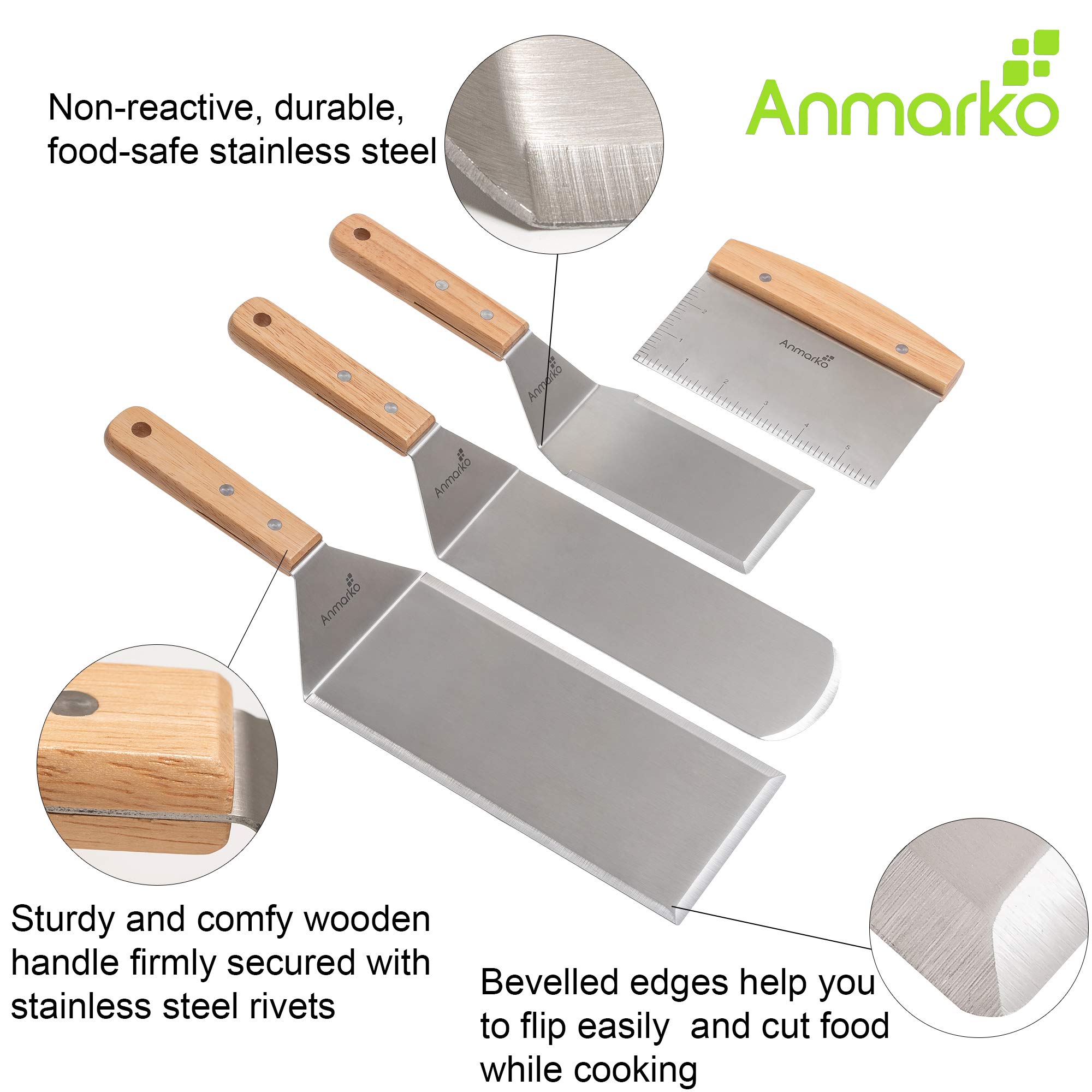 Premium Stainless Steel Spatula Set - 3-Piece Teppanyaki & BBQ Spatulas with Griddle Scraper - Professional Pancake Flipper, Hamburger Turner for Cast Iron, Flat Top Grill - Perfect for Outdoor Cooking, Camping & Home Kitchen Use