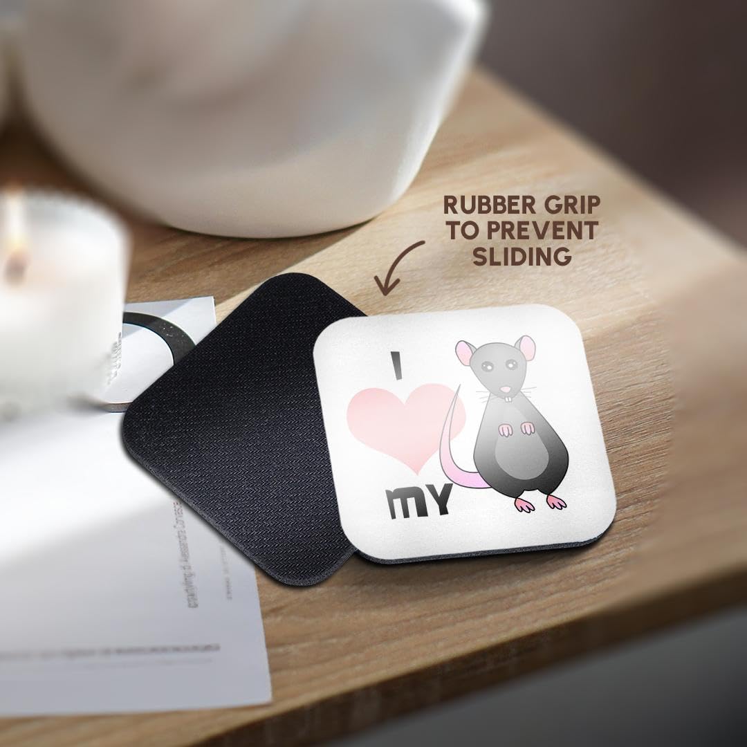3D Rose Love My Rat Grey Soft Coasters Set of 8 - Absorbent Drink Coasters for Home, Office, or Bar Use
