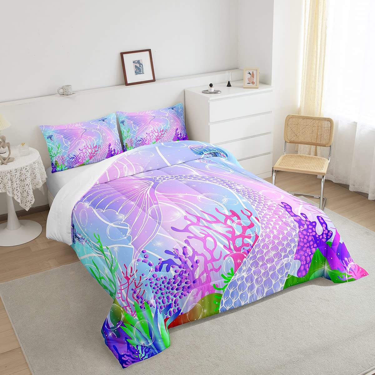 Mermaid Comforter Set - Ocean Sea Marine Themed Full Size Duvet with Purple Mermaid Scales | Soft Foam Bedding for Kids, Teens & Adults | Perfect for Underwater Themed Bedroom Decor & Nautical Nursery Design