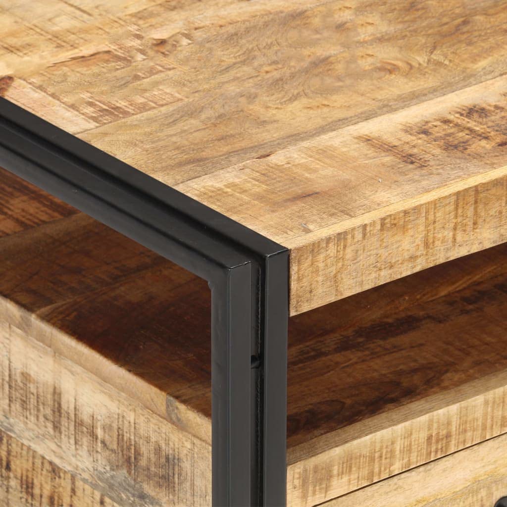 Industrial Mango Wood Coffee Table with Steel Legs & 2 Drawers - Living Room Centerpiece