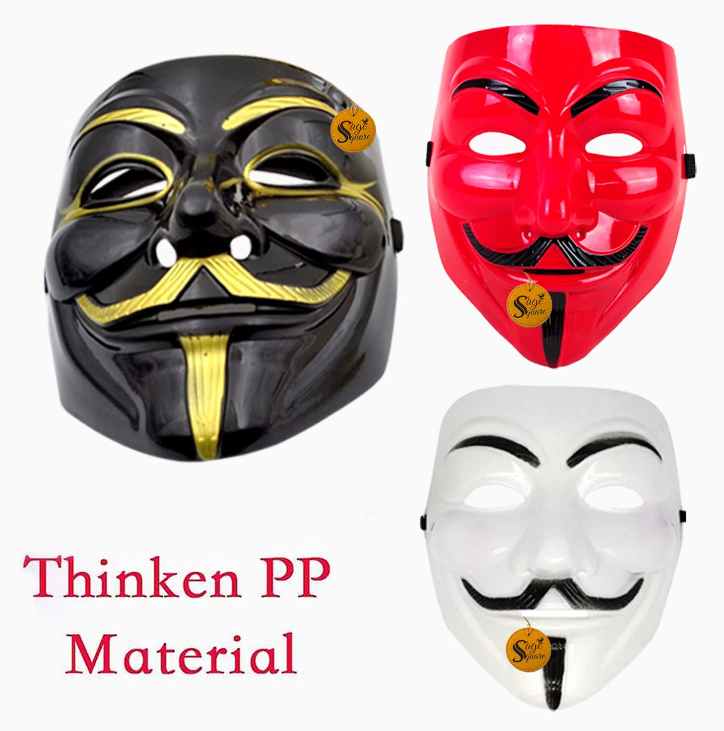 V for Vendetta Anonymous VIP Edition Face Mask - Sage Square Black, Red & White Set of 3 - Perfect Fit Cosplay & Halloween Costume Accessory for Parties, Protests & Movie Events