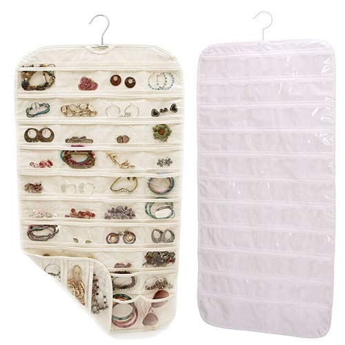 FublousRR5 Hanging Organizer with 80 Pockets - 2-Sided Jewelry & Accessories Storage Bag for Closet (Beige/Yellow) | Perfect for Necklaces, Earrings, Scarves & Small Items Organization