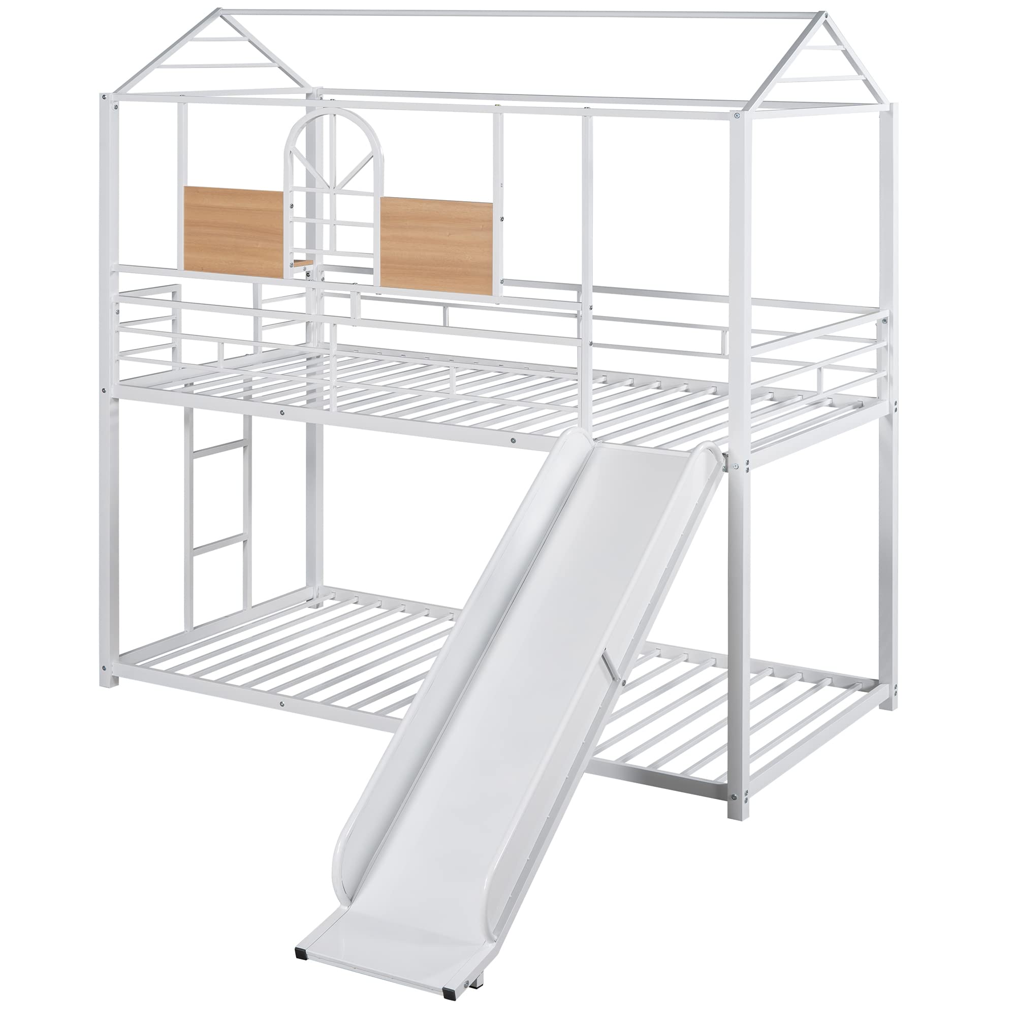 Bellemave Twin Over Twin Metal Bunk Bed with Slide - Kids House Bunk Bed with Roof & Safety Guardrails for Boys & Girls - Perfect for Bedrooms, Playrooms & Sleepovers (White)