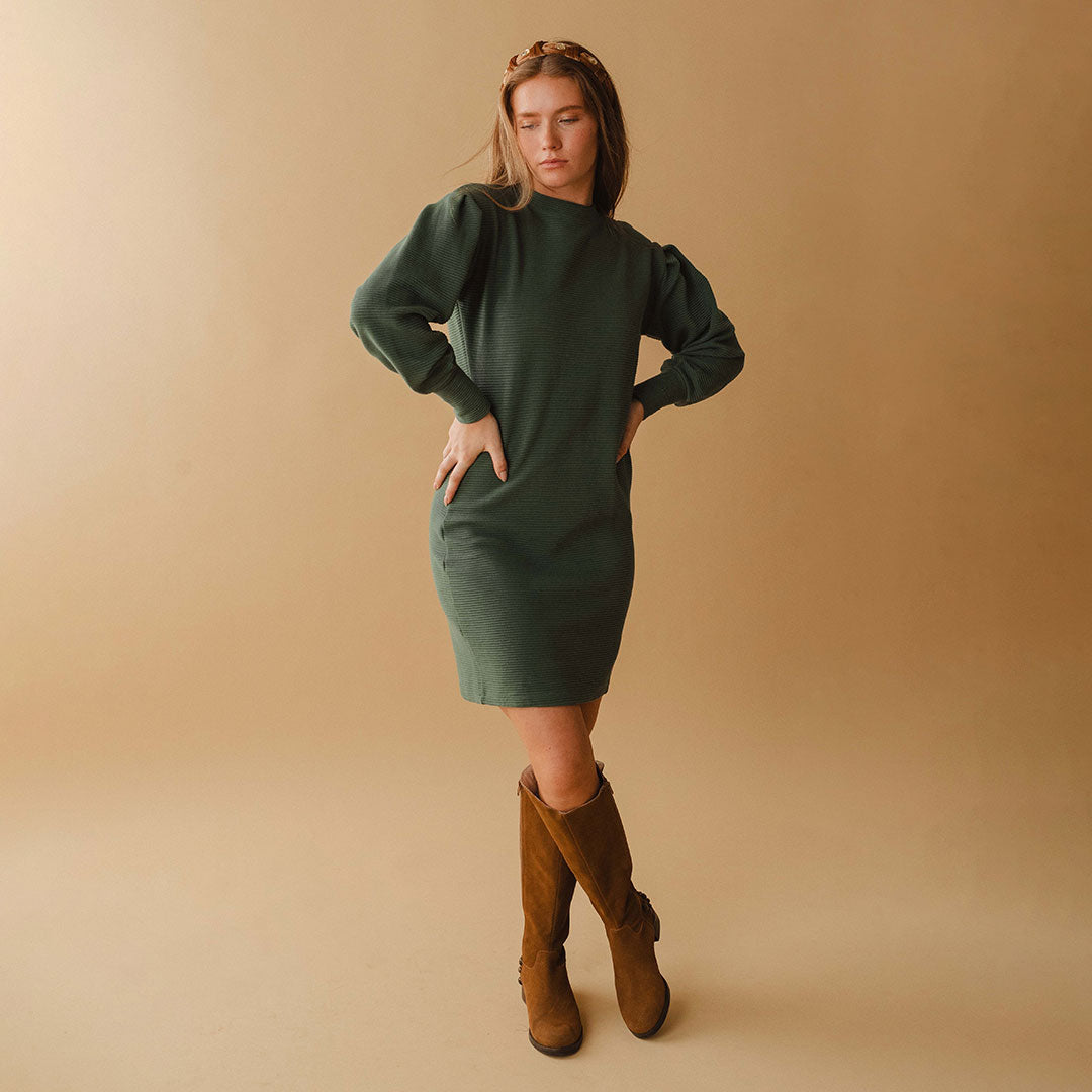 Atlas Ribbed Sweater Dress for Women - Soft Emerald Green Knit Turtleneck Midi Dress - Perfect for Fall Winter, Office Wear & Casual Outings