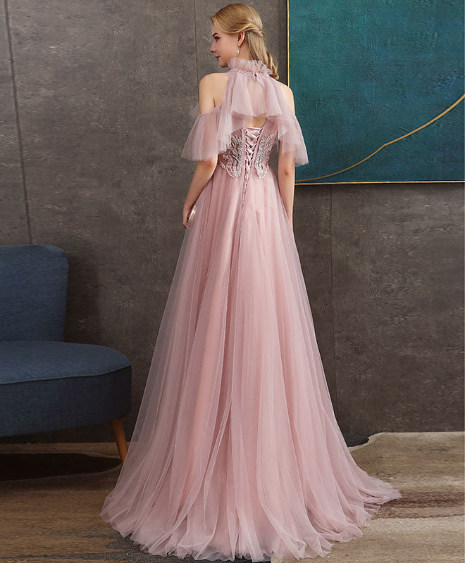 Elegant Pink Tulle Lace Long Prom Dress with Beading - Formal Graduation Gown for Women - Perfect for Prom Night, Homecoming, Quinceañera & Special Occasions