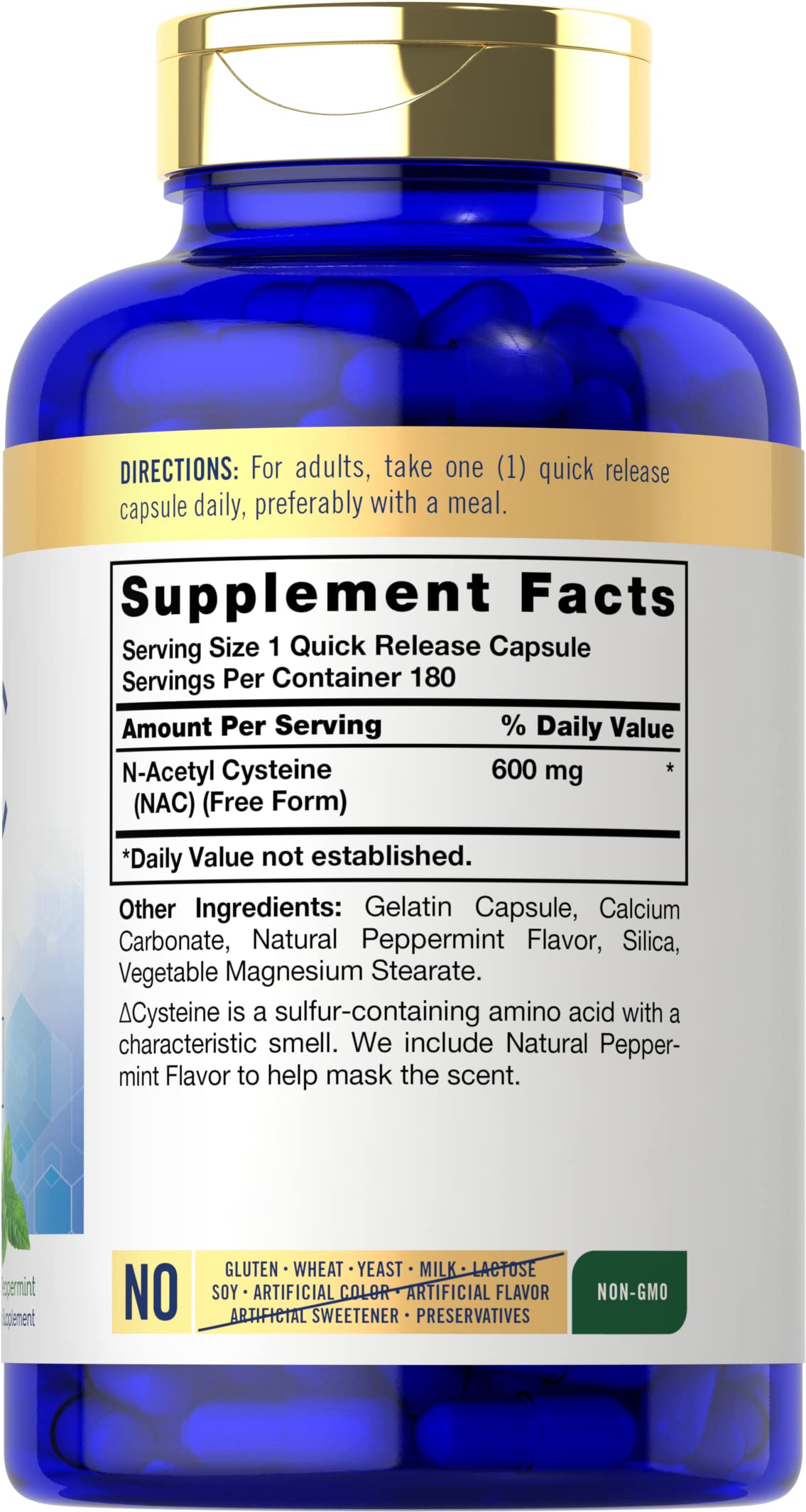 Carlyle NAC N-Acetyl Cysteine 600mg Supplement - 180 Capsules with Peppermint | Free Form, Non-GMO, Gluten Free | Supports Liver Health & Detox | for Daily Wellness & Immune Support