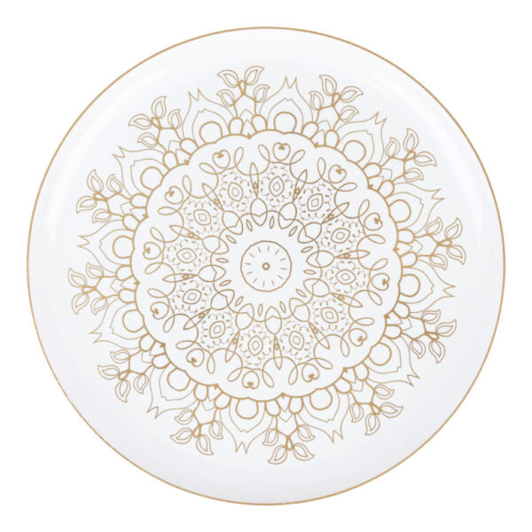 20-Pack White and Gold Round Plastic Dinnerware Set - Elegant Medallion Design for 10 Guests - Perfect for Weddings, Parties, and Formal Events