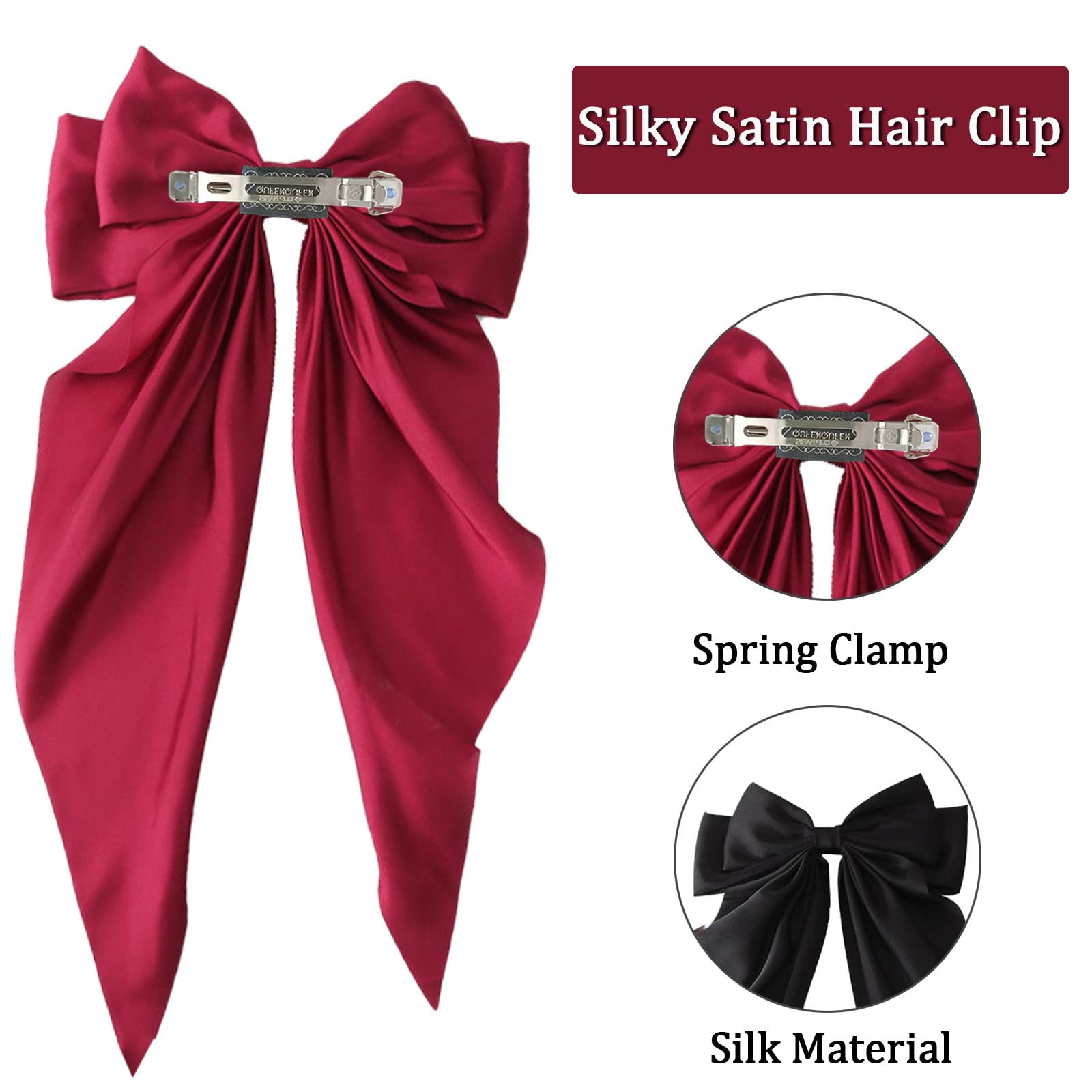 Elegant Satin Hair Bows for Women & Girls - 2 Pack Large Silky Bow Hair Clips with Metal Clips & Long Tails - Perfect Hair Accessories for Parties, Weddings & Birthday Gifts (Black & Red)