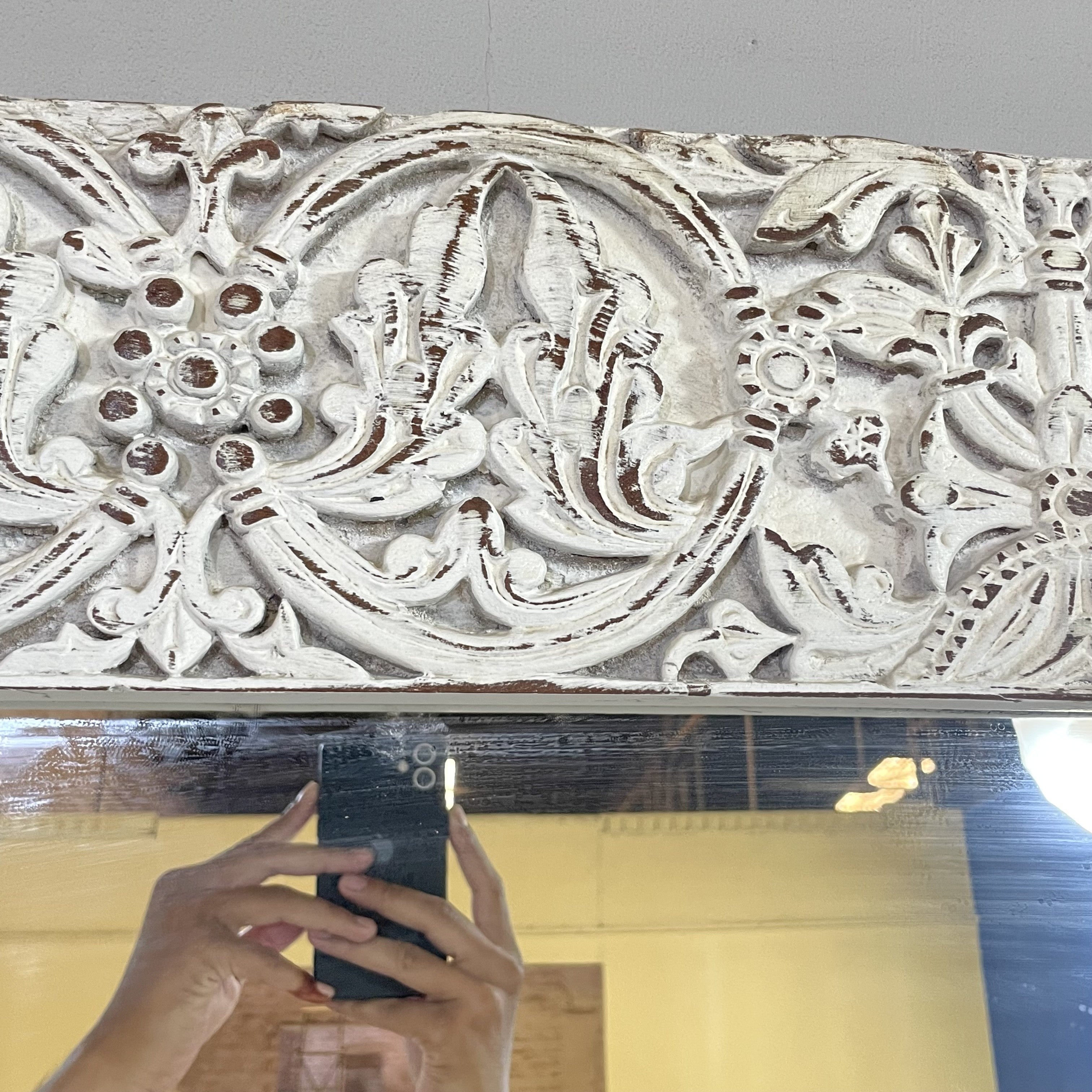 Handcrafted Indian Solid Hardwood Mirror Frame - White Carved Wooden Mirror - 47