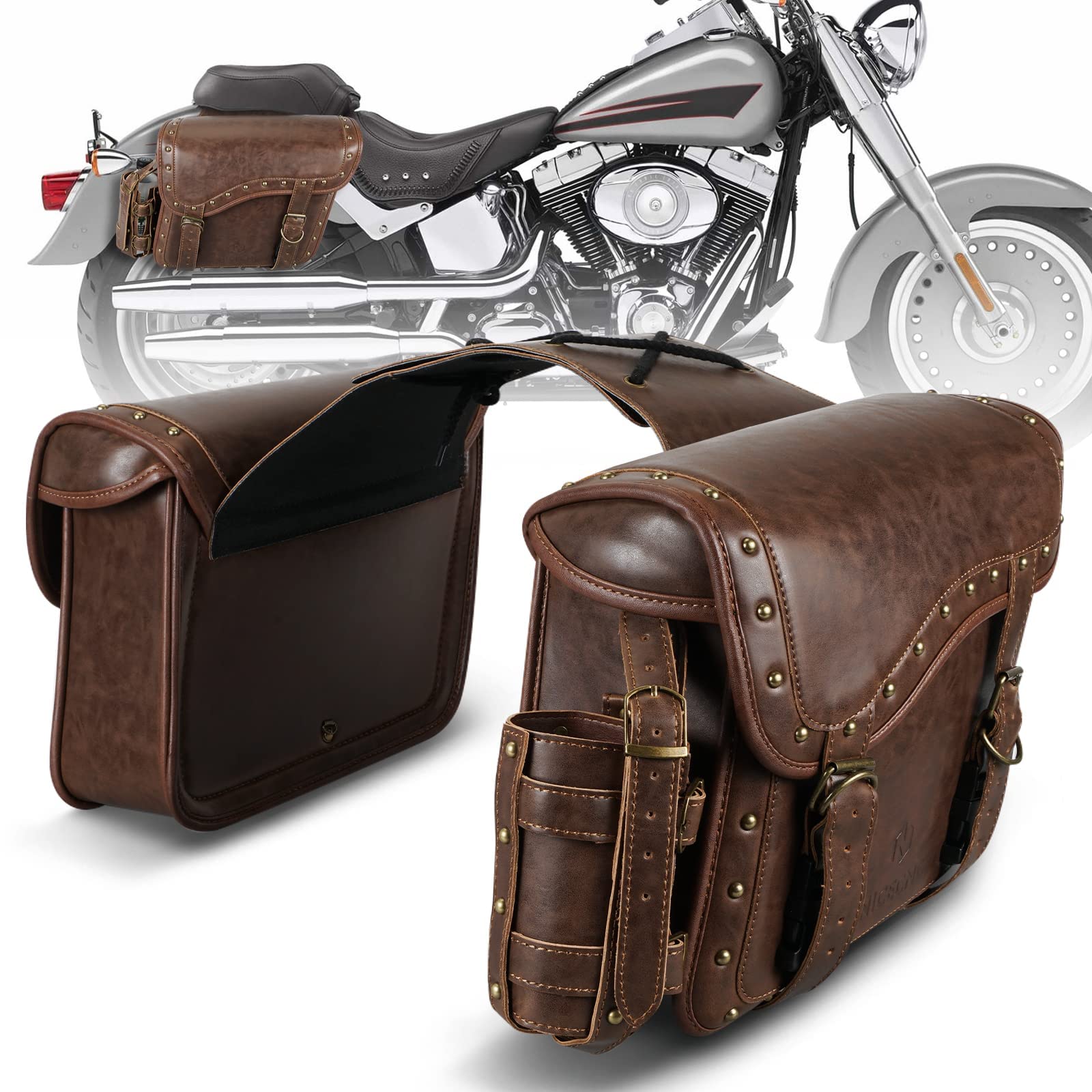 Premium PU Leather Motorcycle Saddle Bags with Reinforced Straps & Cup Holder - Universal Throw Over Side Bags for Harley, Cruiser & Touring Bikes - Durable Brown Motorcycle Accessories for Road Trips & Daily Commuting
